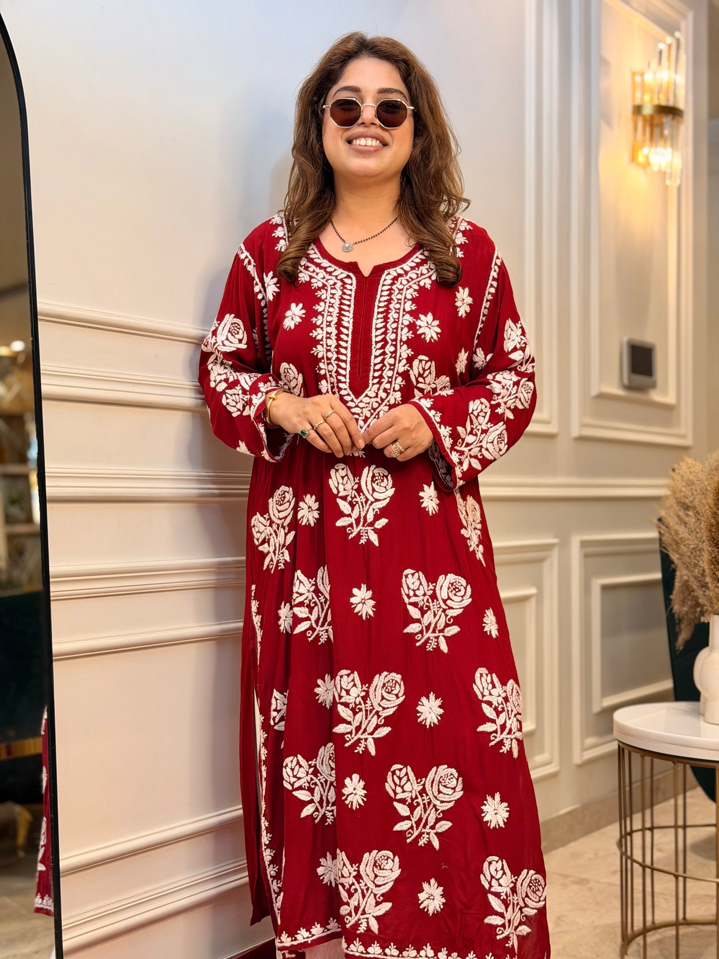 Hand Embroidered 3D Chikankari Kurta | Premium Modal | Mahroon