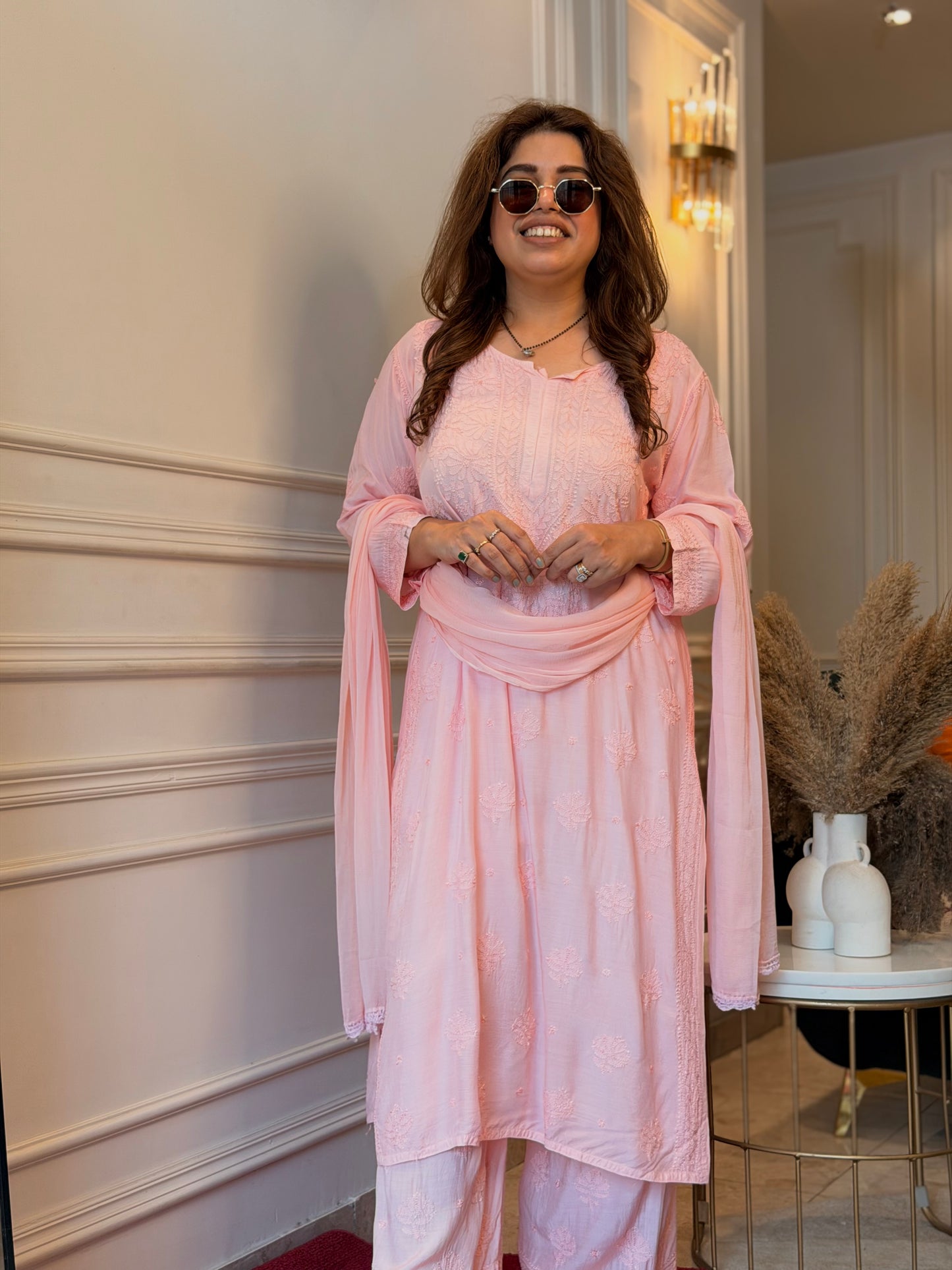 Hand Embroidered Chikankari 3 piece Kurta set | Mul Chanderi | Pink
