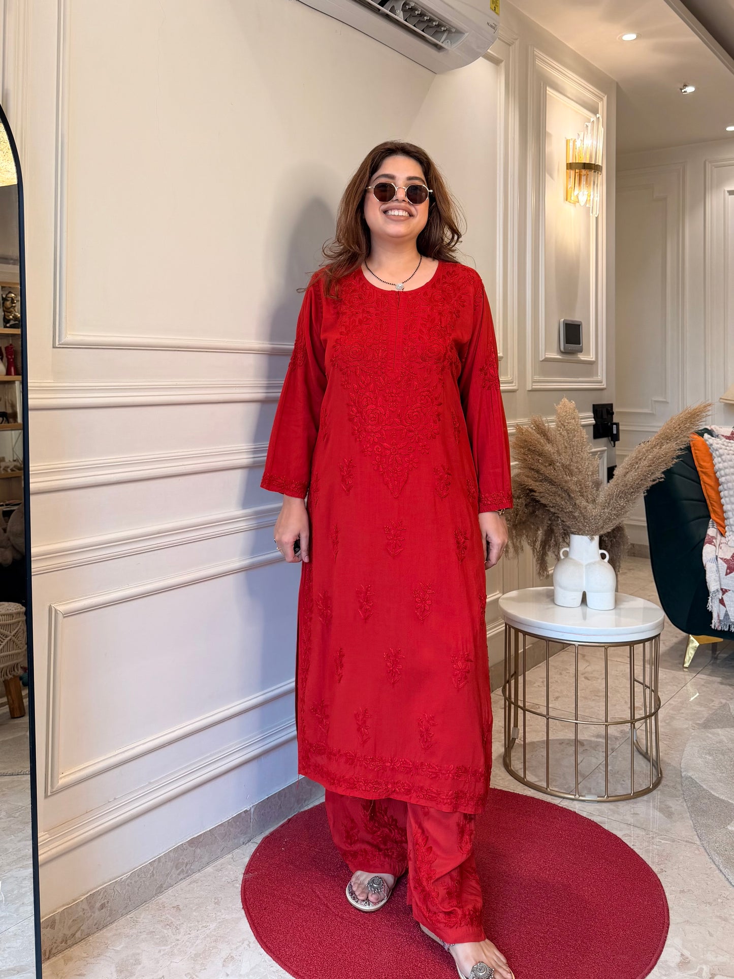 Hand Embroidered Chikankari Kurta Set - Red Colour