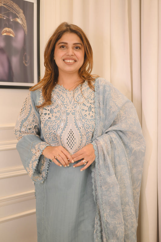 Exclusive Serene Blue Charm – Embroidered 3-Piece Suit Elegance  | Sizes M to XXL