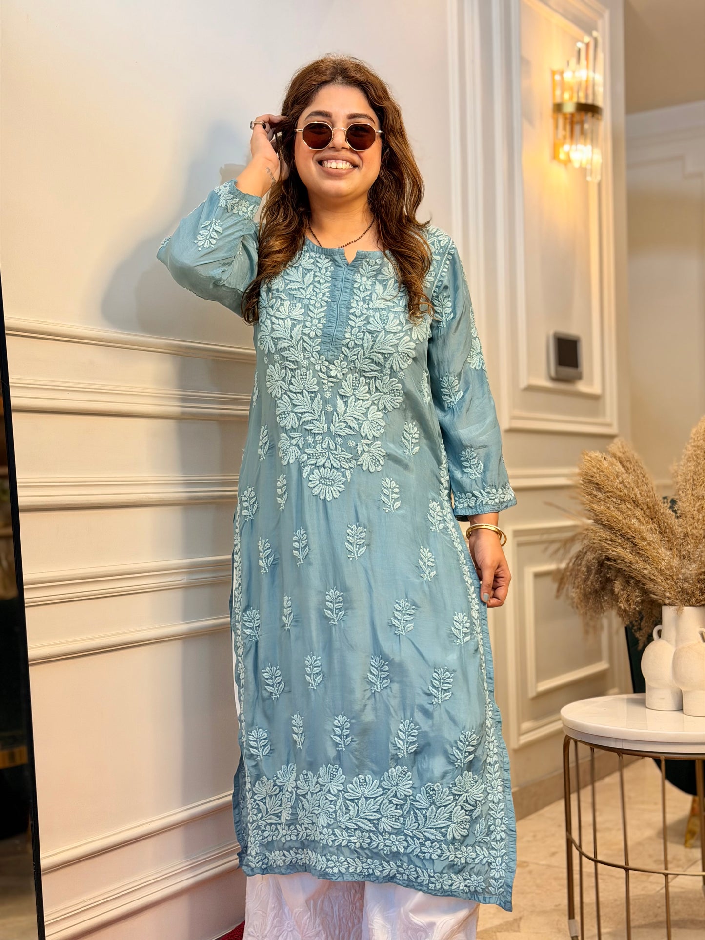 Hand Embroidered 3DChikankari Kurta  | Mul Chanderi | Dusty Blue