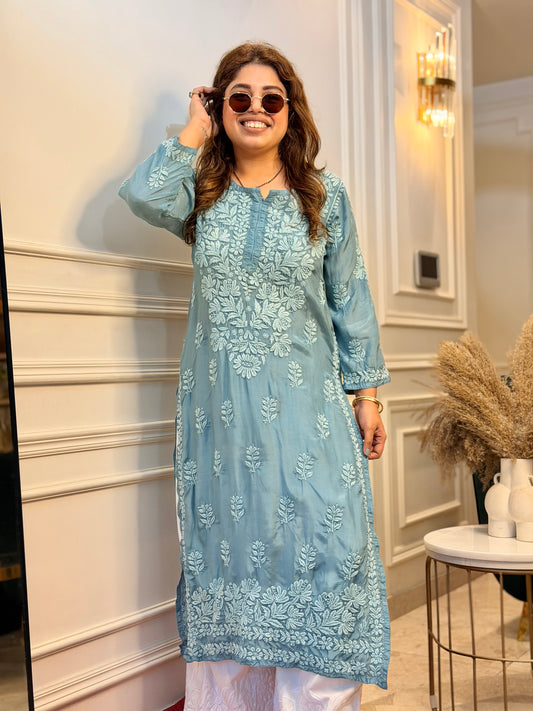 Hand Embroidered 3DChikankari Kurta  | Mul Chanderi | Dusty Blue