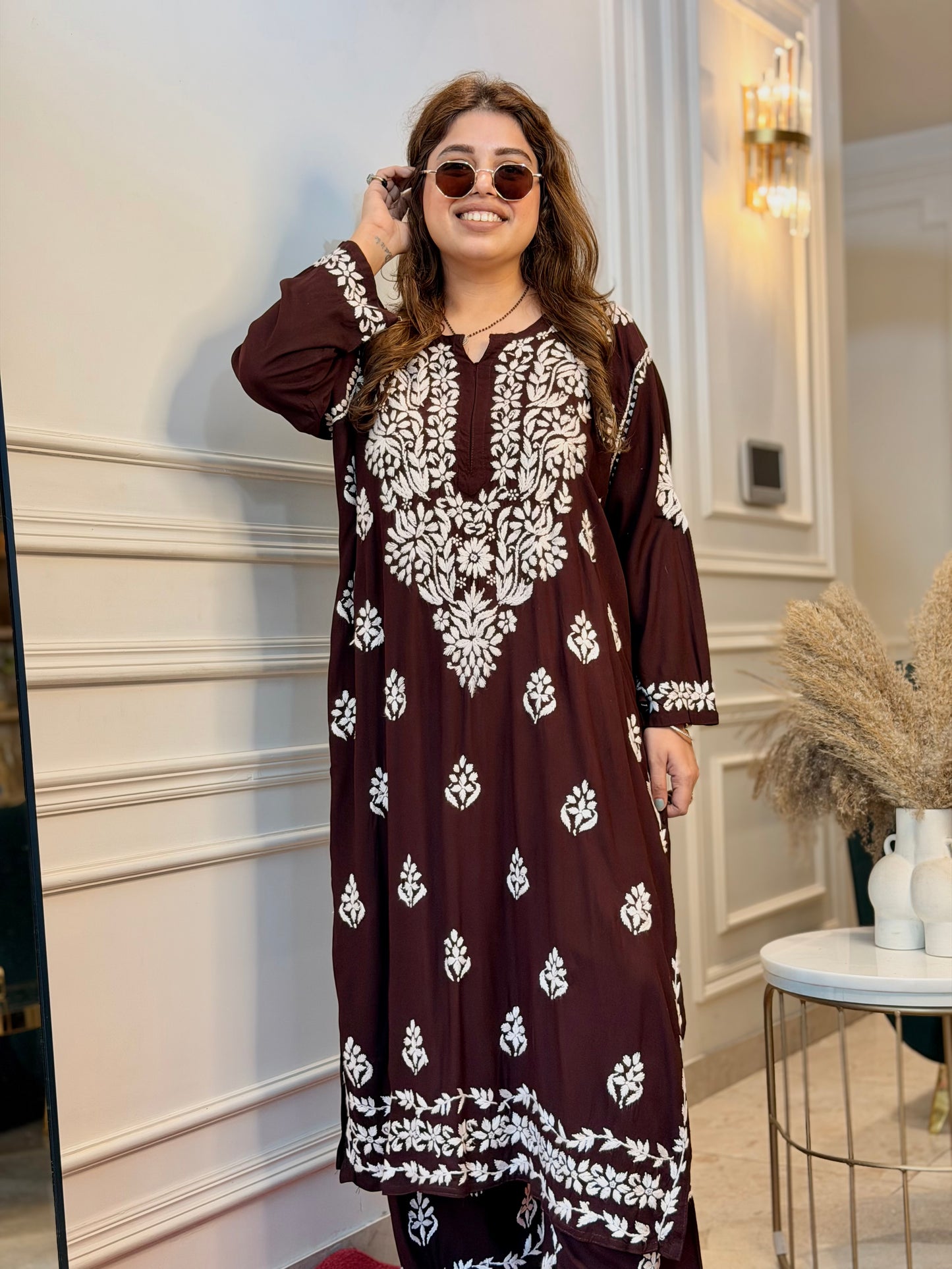 Hand Embroidered Chikankari Kurta set | Modal  | Chocolate Brown
