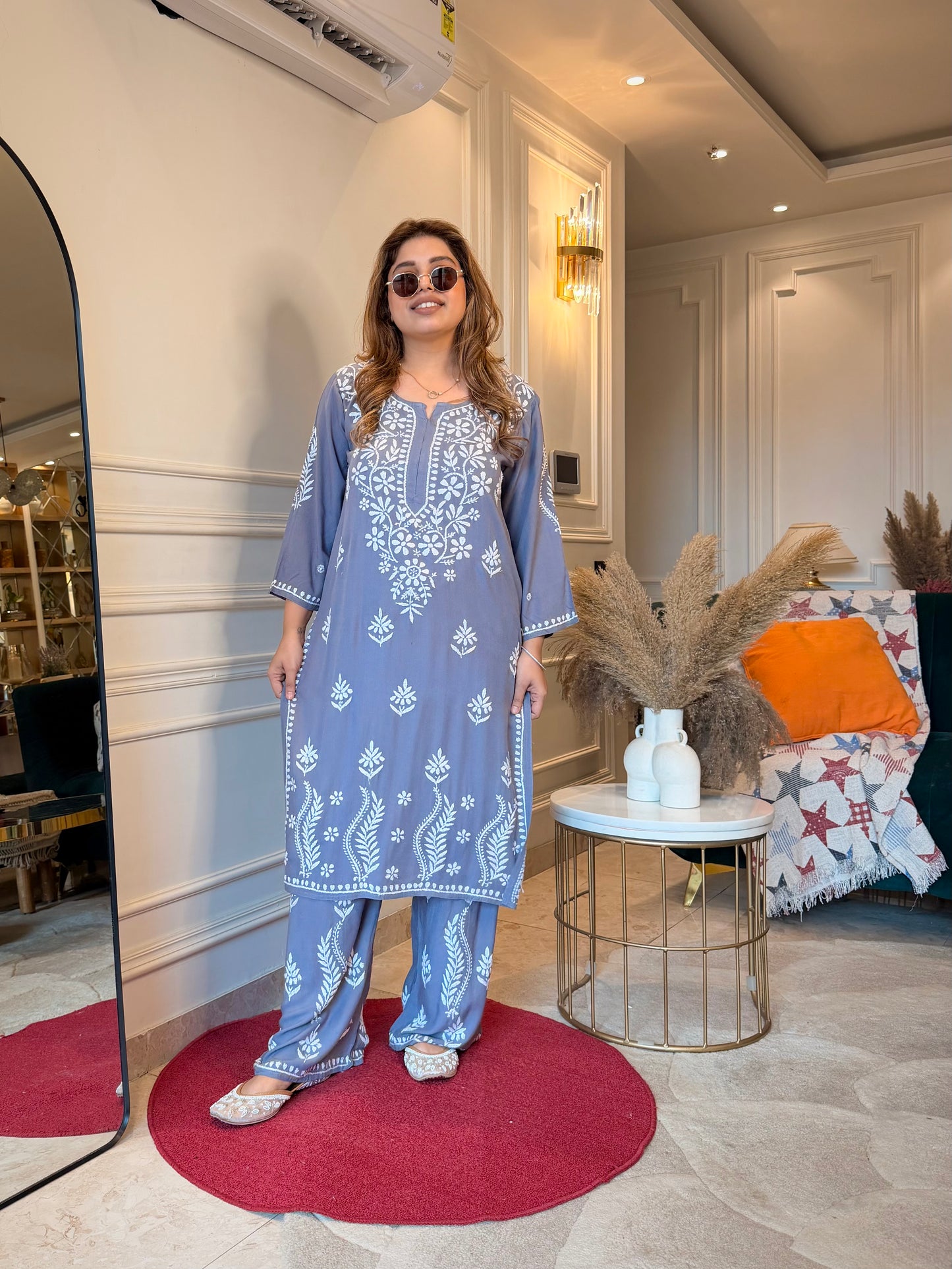 Hand Embroidered Chikankari Kurta set | Modal cotton | Slate Grey