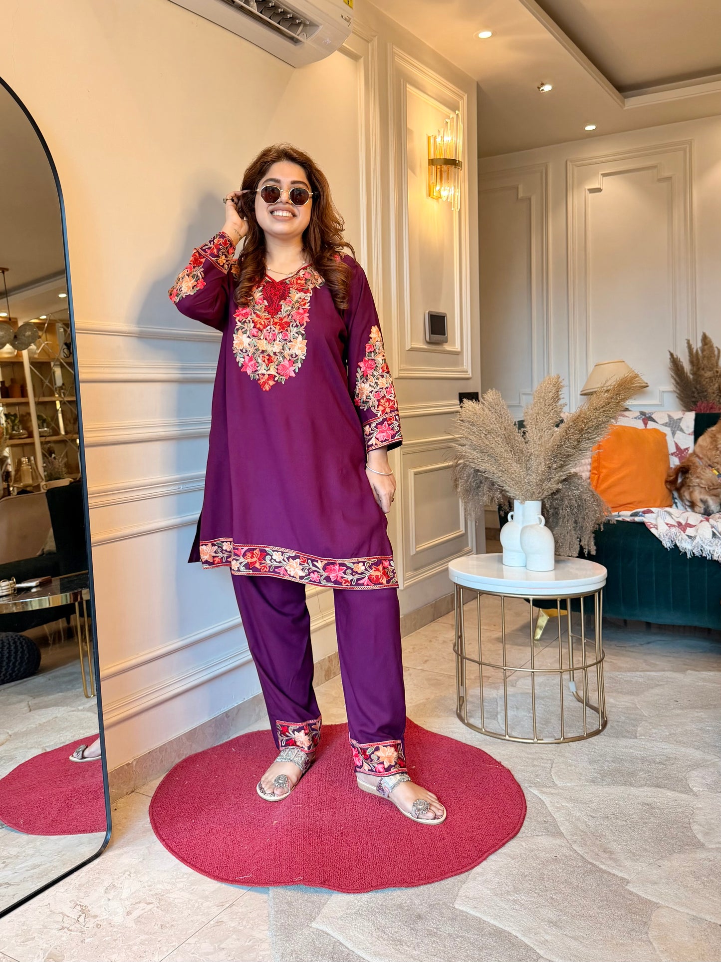 Cotton Kashmiri Emberoried Cordset-Wine