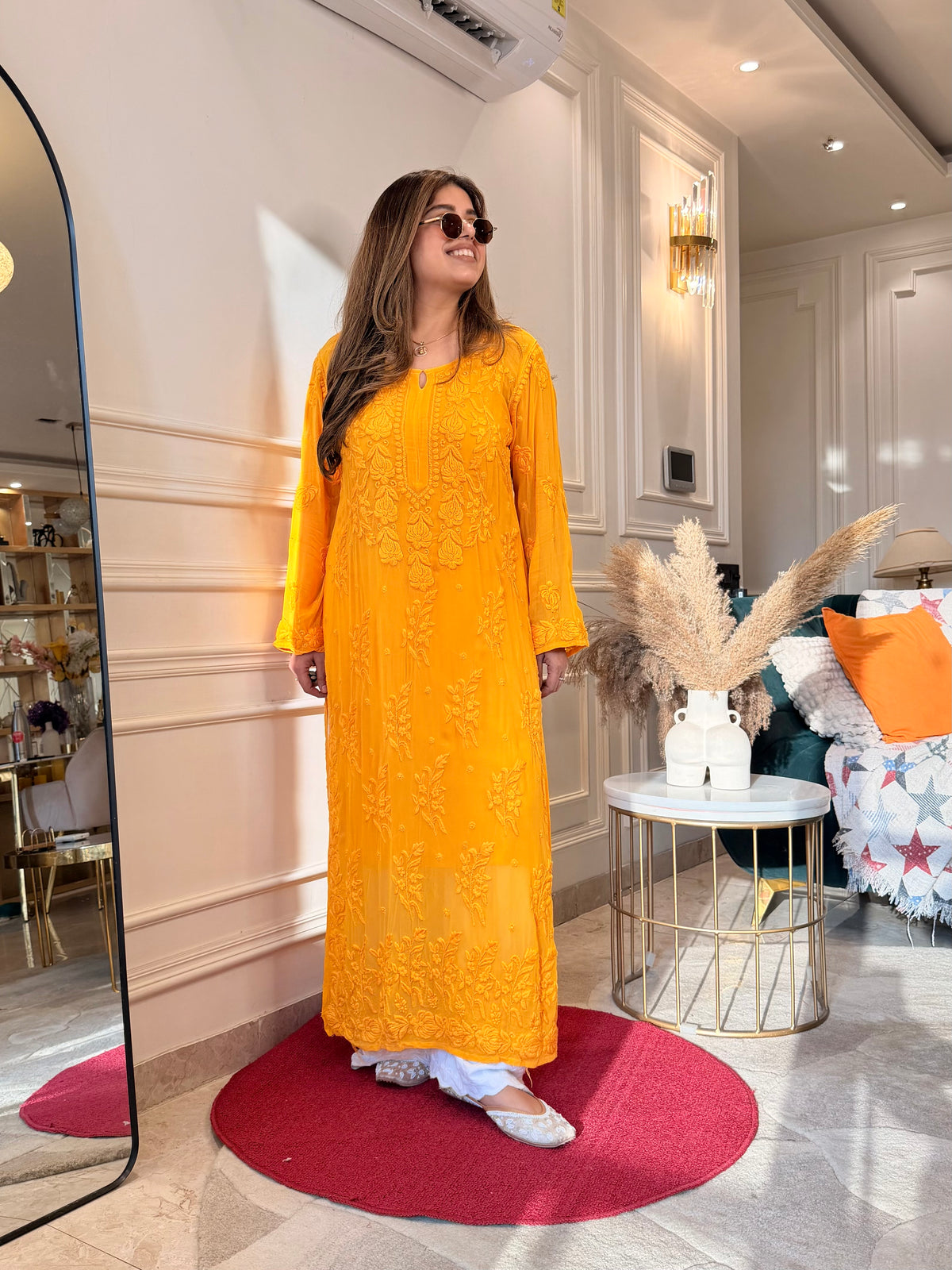 Hand Embroidered 3DChikankari Kurta  | Viscose | Mustard