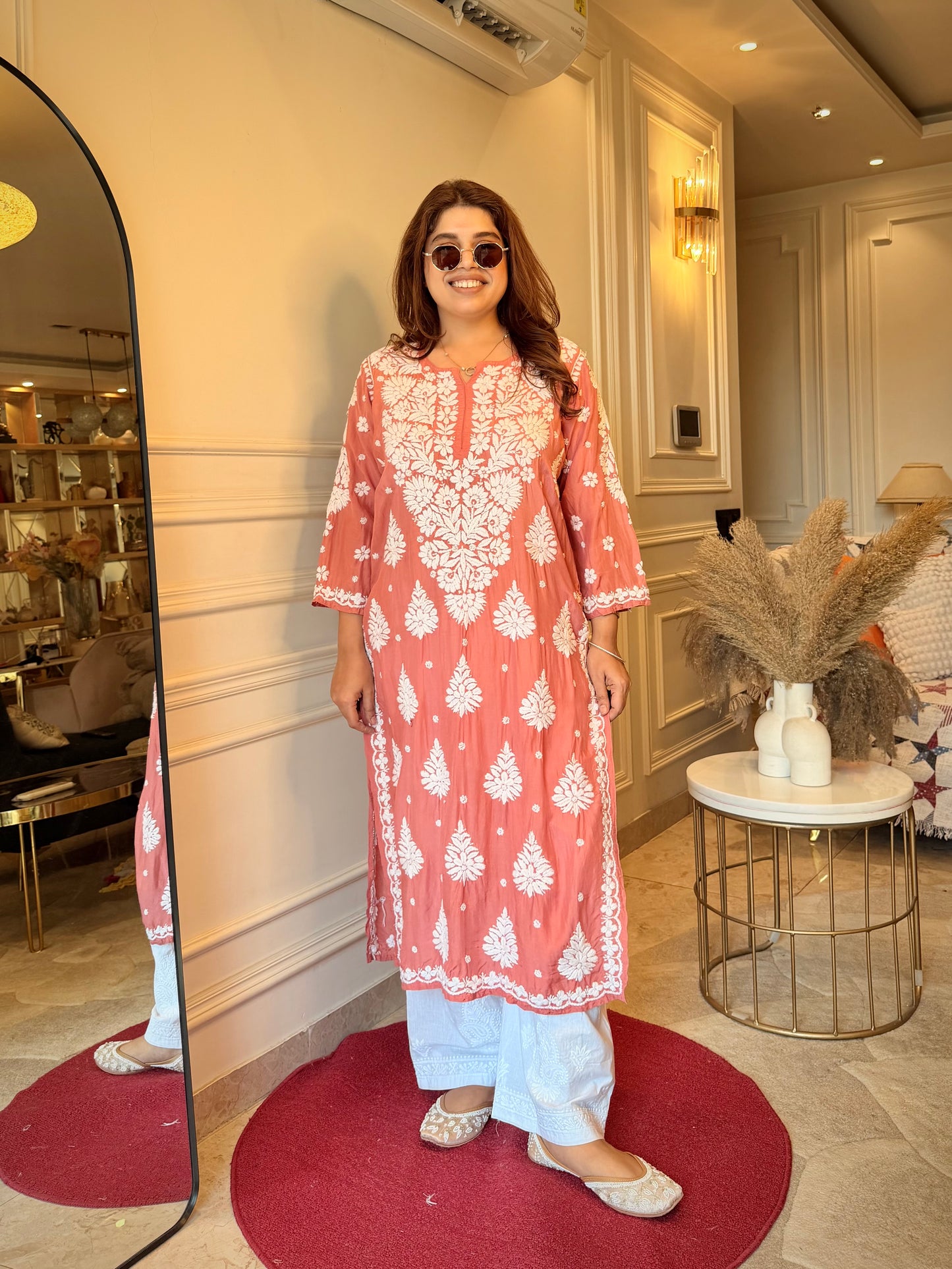 Chikankari Kurta  | Mul Chanderi | Coral Peach