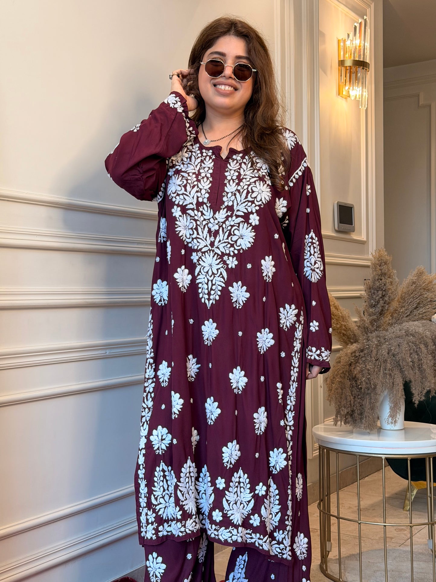 Hand Embroidered Chikankari Kurta set | Premium Modal  | wine
