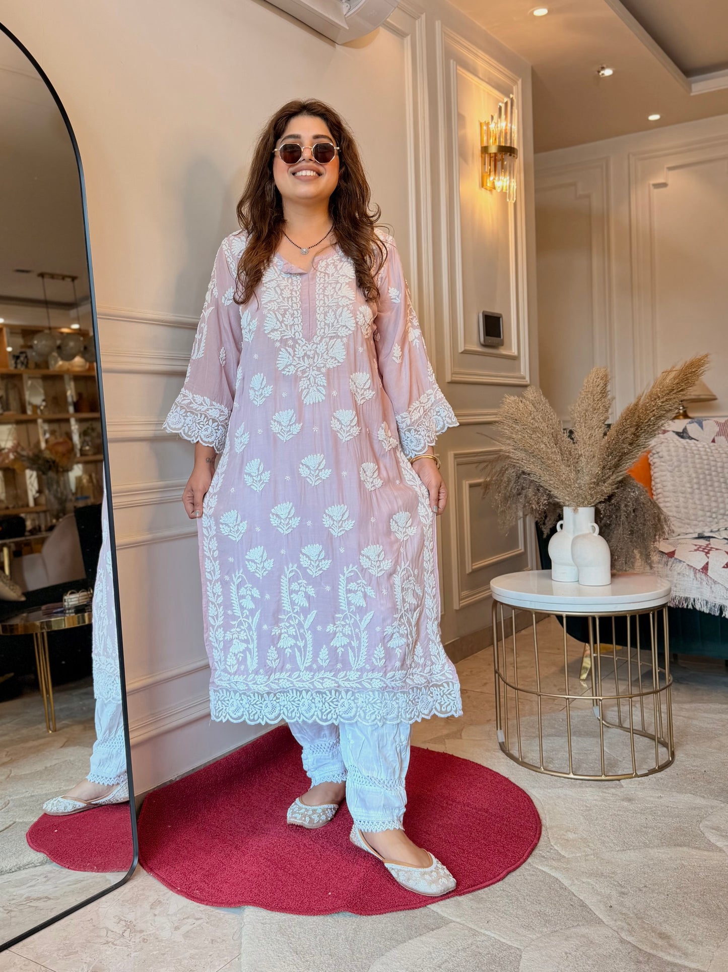 Hand embroidered 6D Chikankari Kurta | Mul Chanderi | Nude Pink