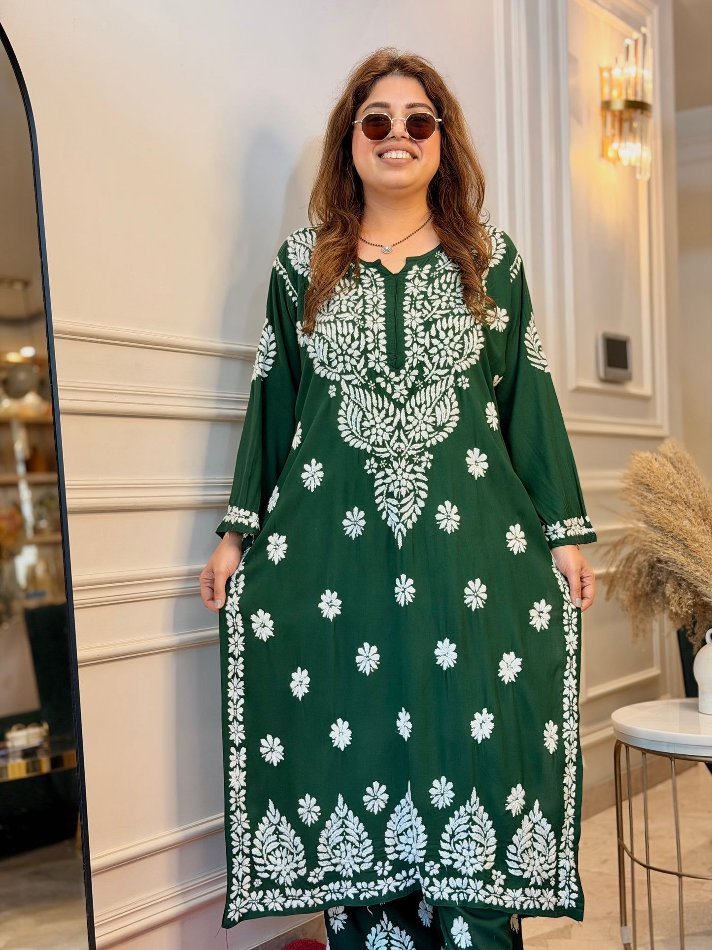 Hand Embroidered Chikankari Kurta set | Modal | Emerald