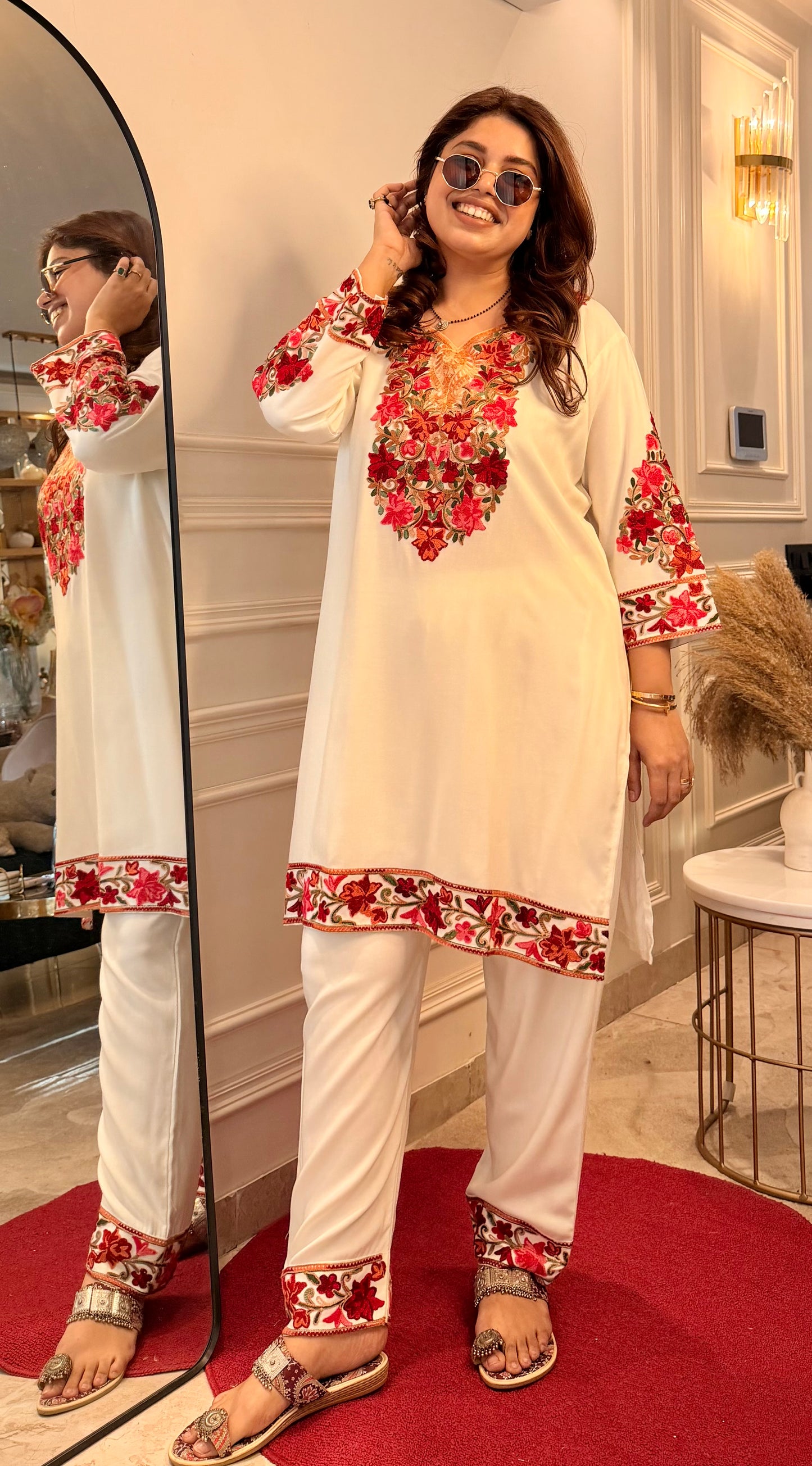Cotton Kashmiri Emberoried Cordset- Cream Colour
