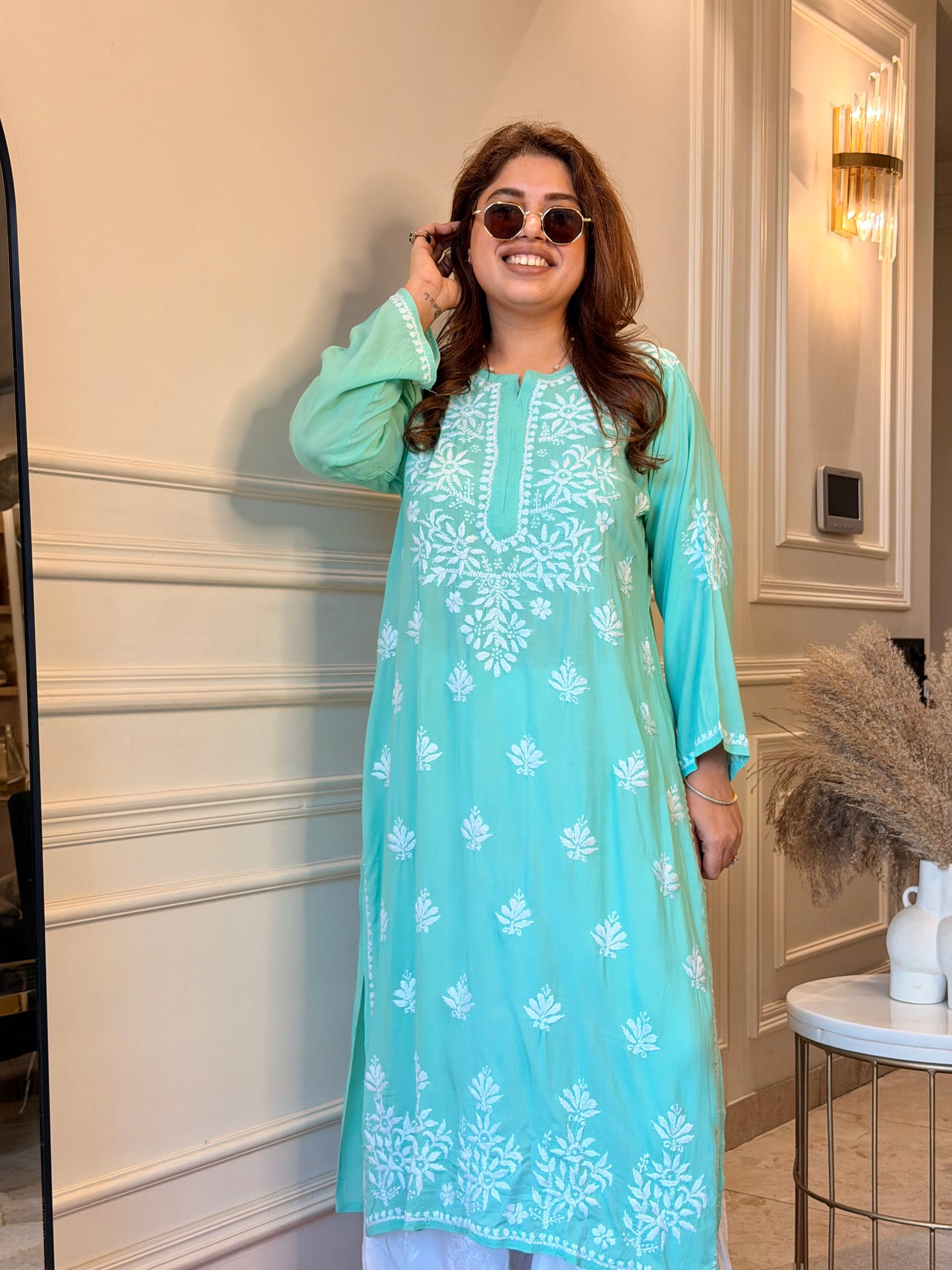 Hand Embroidered Chikankari Kurta | Modal | Aqua Mint