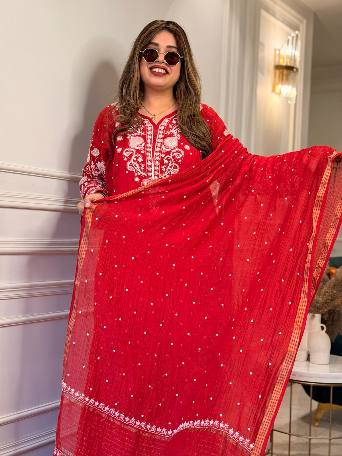 Premium Hand Embroidered Chikankari Kurta & Duppta | Mul Chanderi | Red