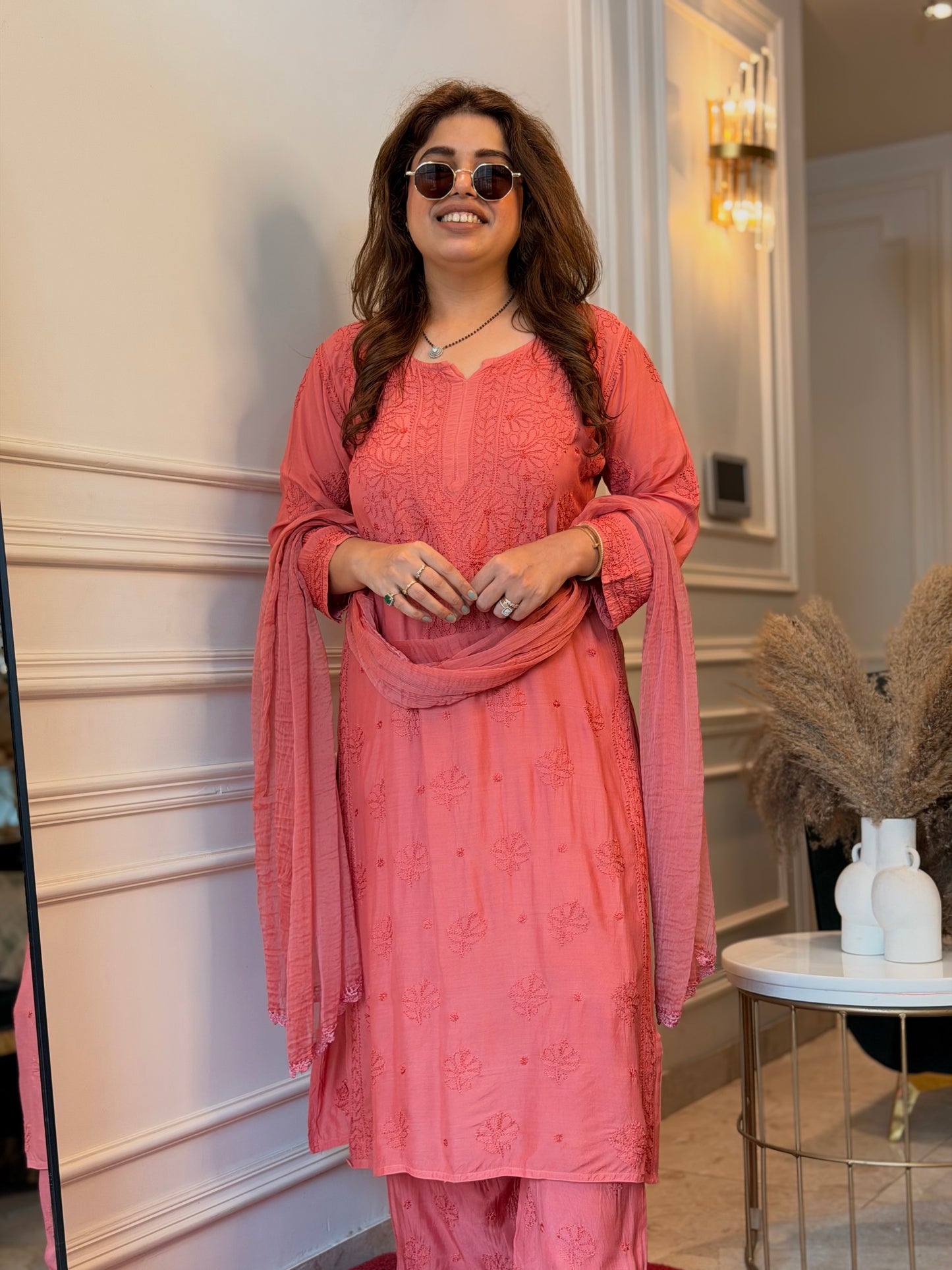 Hand Embroidered Chikankari 3 piece Kurta set | Mul Chanderi | Rust