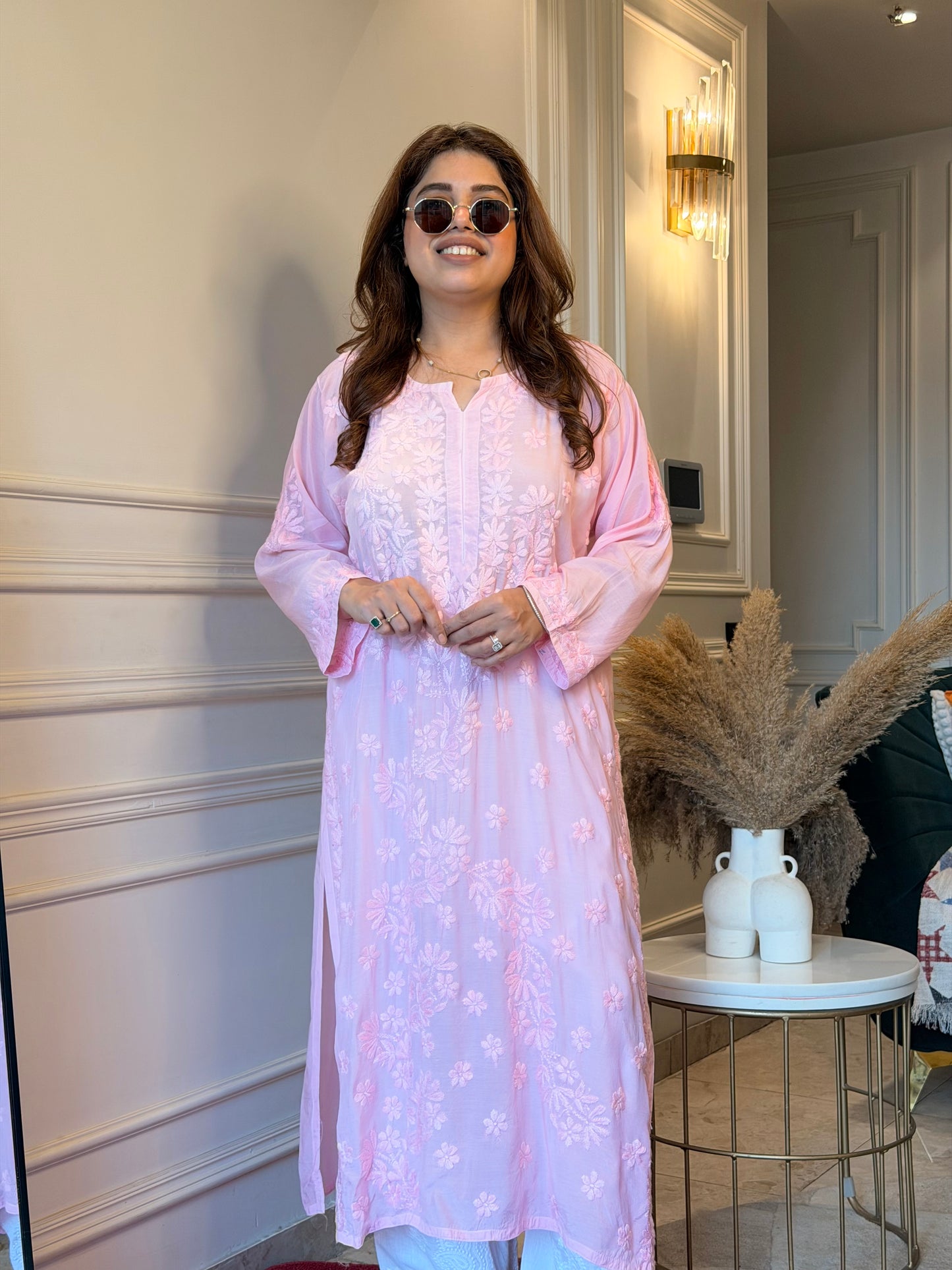 Hand Embroidered Chikankari Kurta set | Mul Chanderi | Baby Pink