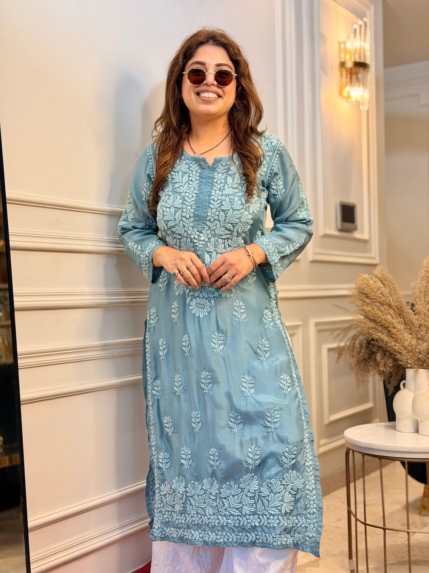 Hand Embroidered 3DChikankari Kurta  | Mul Chanderi | Dusty Blue