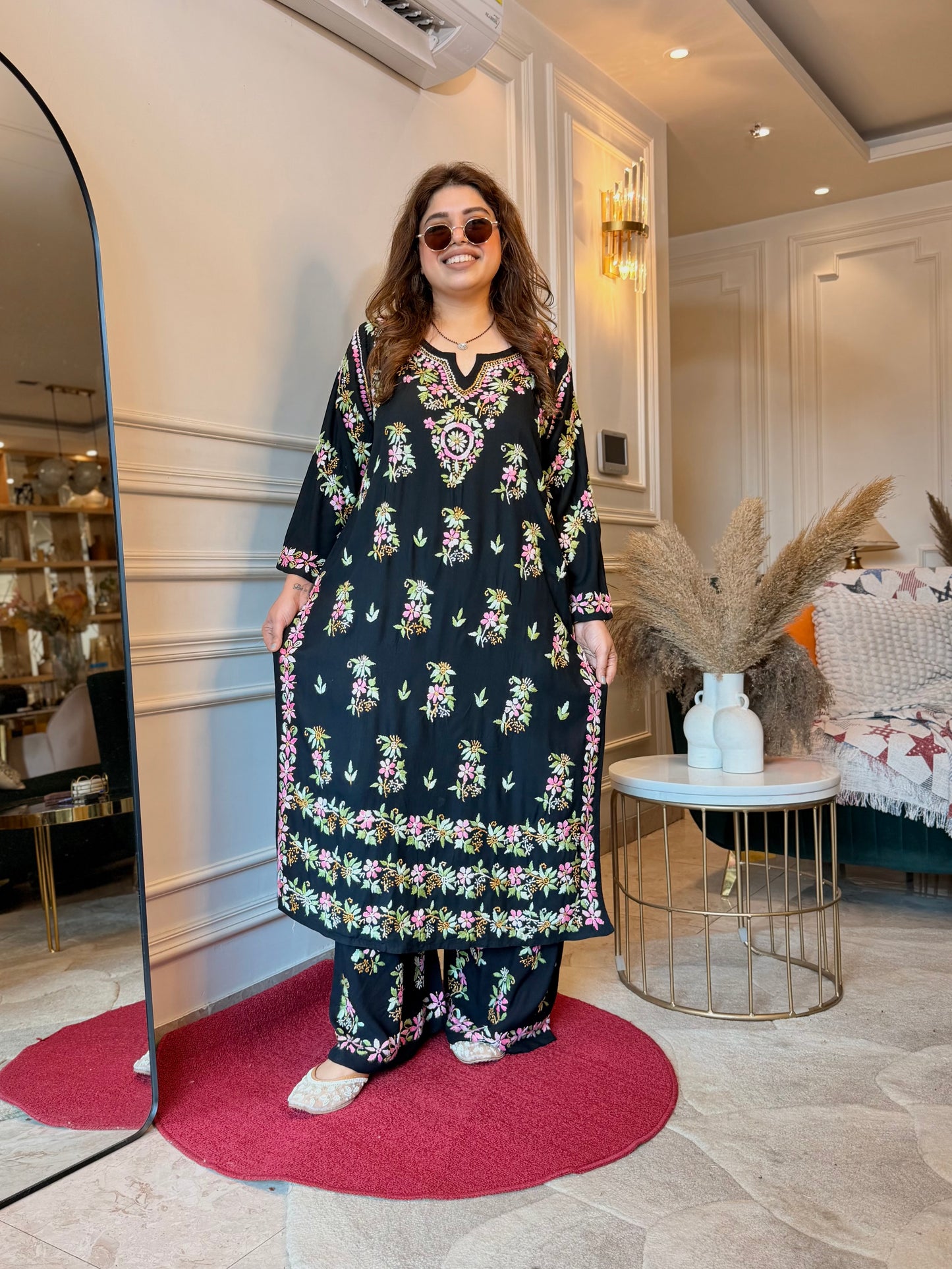 Hand Embroidered Chikankari Kurta set | Modal  | Black with Pink