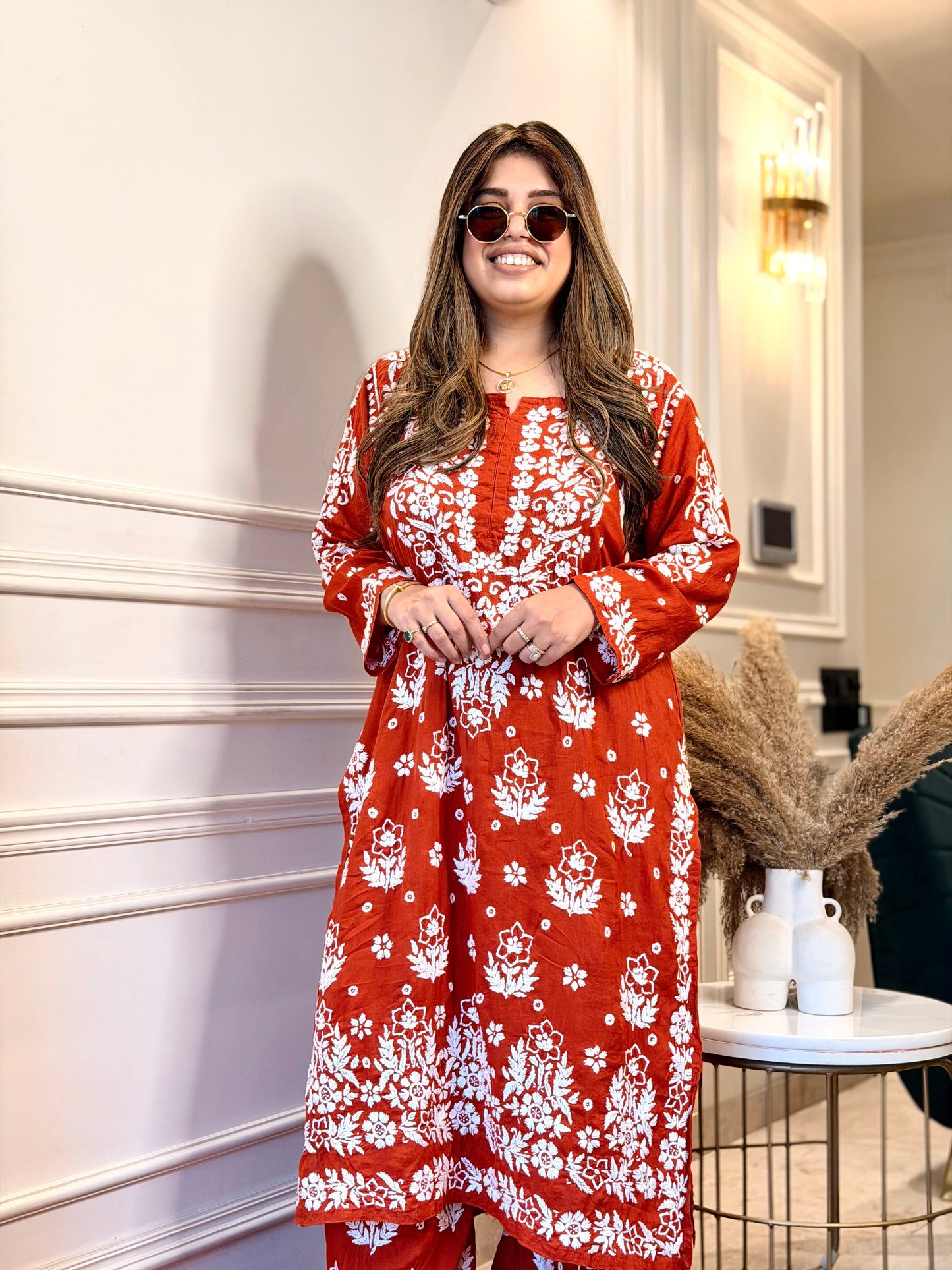 Hand embroidered 3D Chikankari Kurta set | Premium Modal| Rust Orange