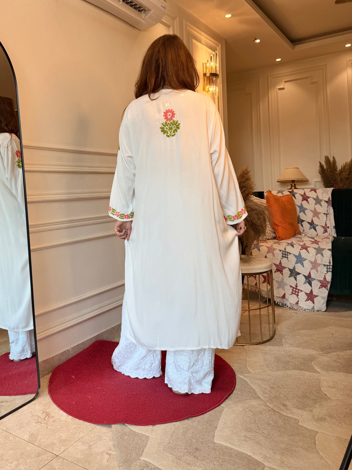 Hand embroidered Chikankari Kurta | Premium Cotton | White with Light Pink & Green