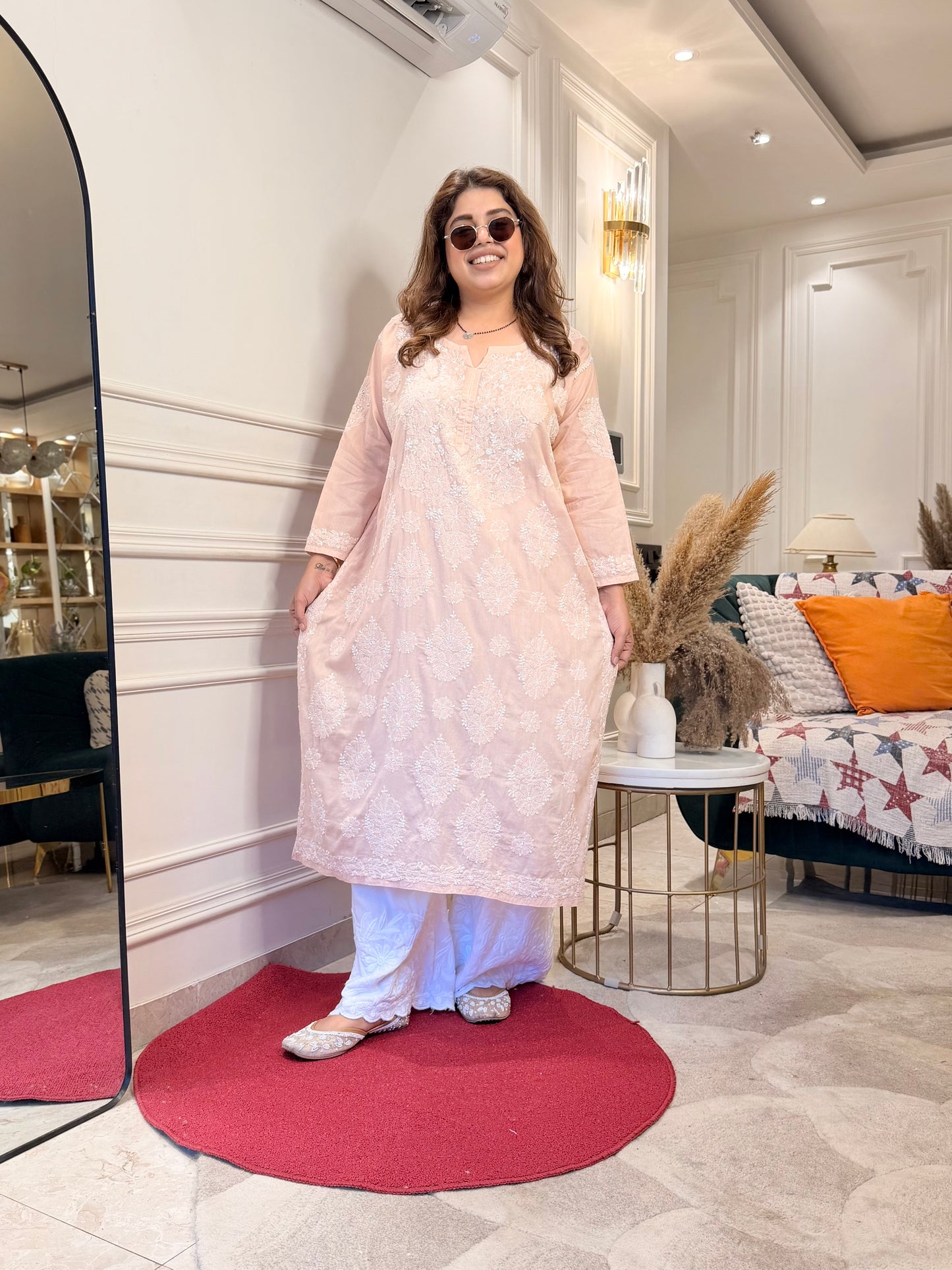 Hand Embroidered Chikankari Kurta | Premium Mul Cotton | Beige Peach