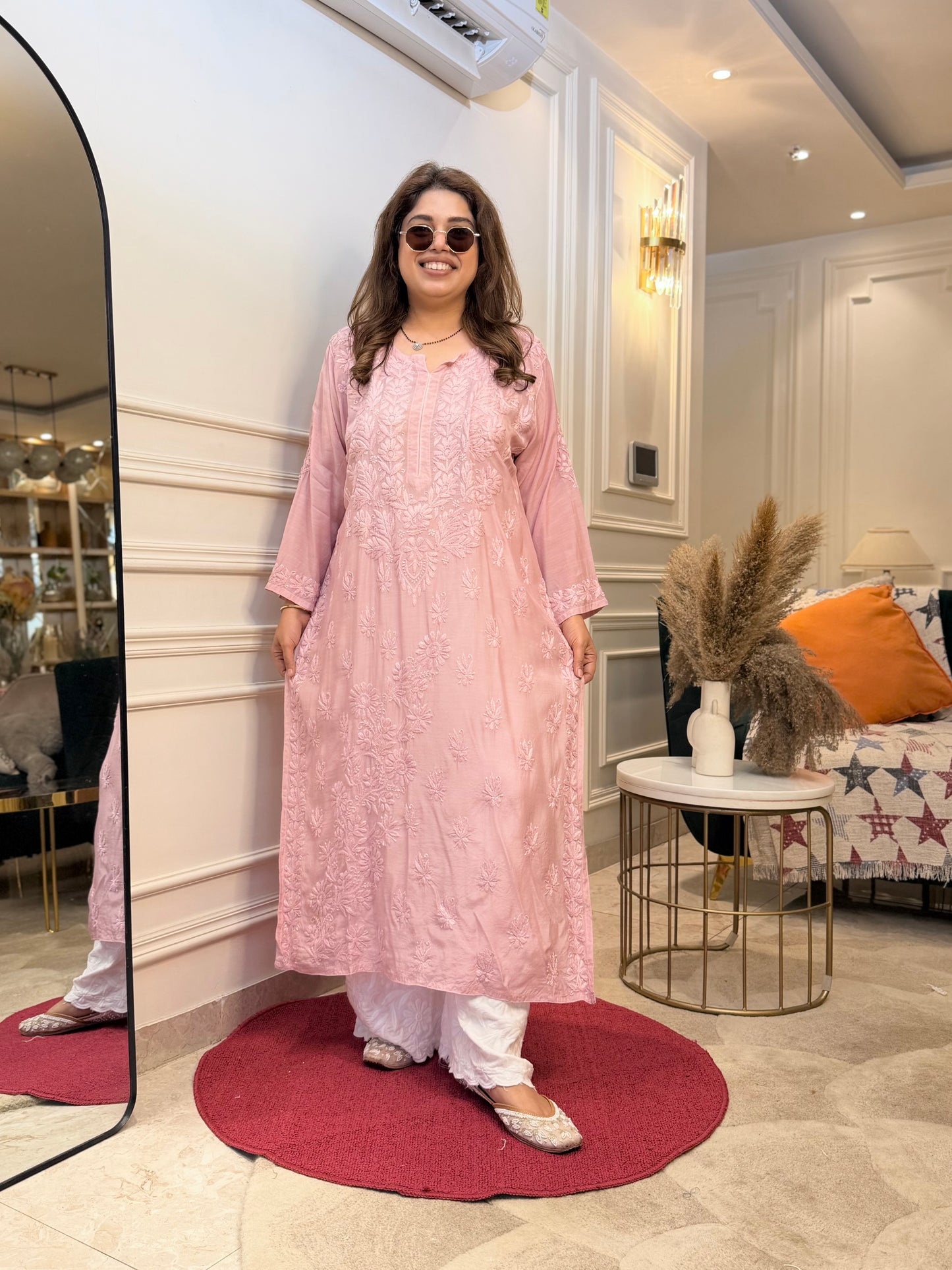 Hand Embroidered Chikankari Kurta | Premium Mul Chanderi | Mauve