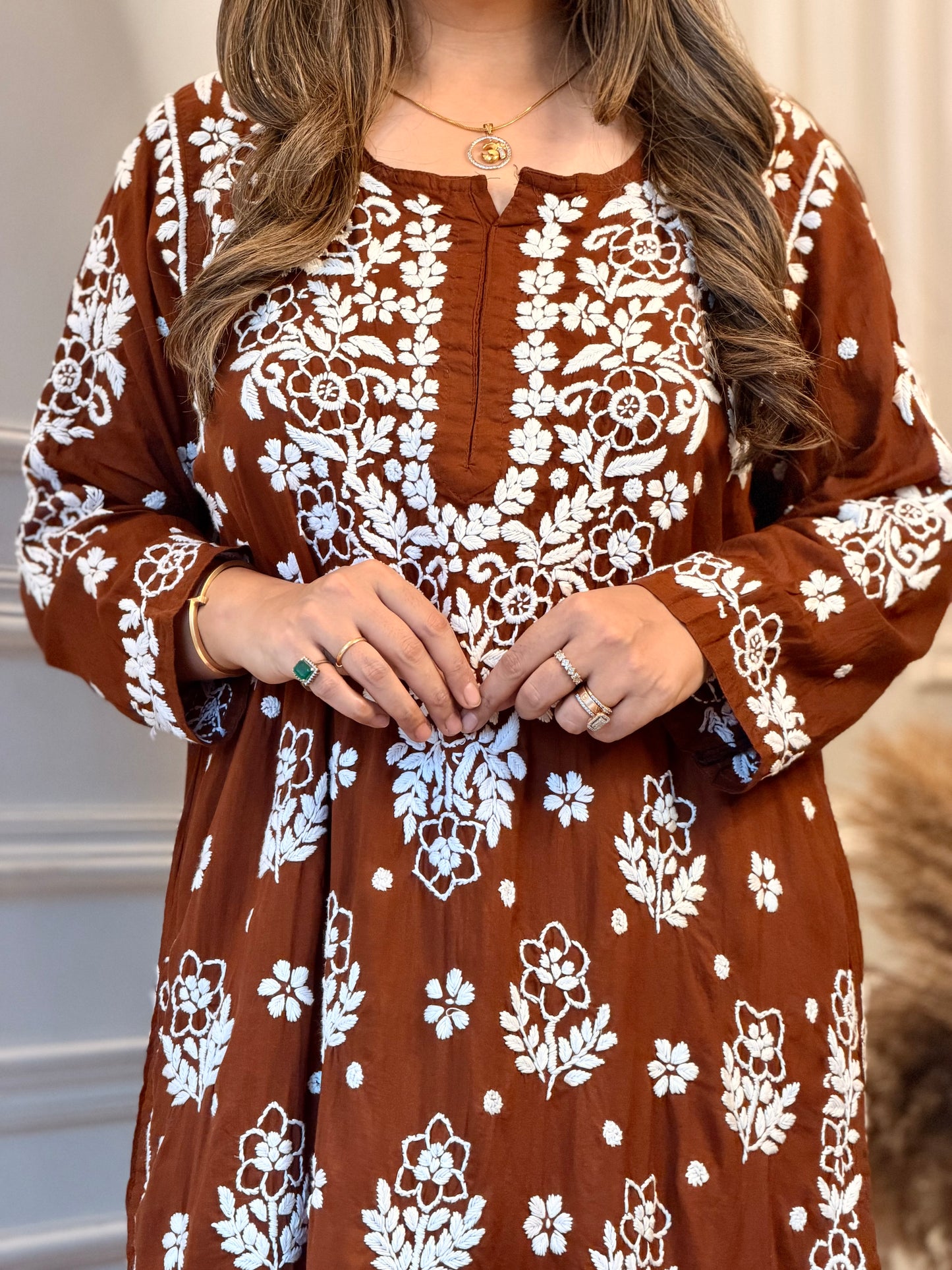 Hand embroidered 3D Chikankari Kurta set | Premium Modal| Brown