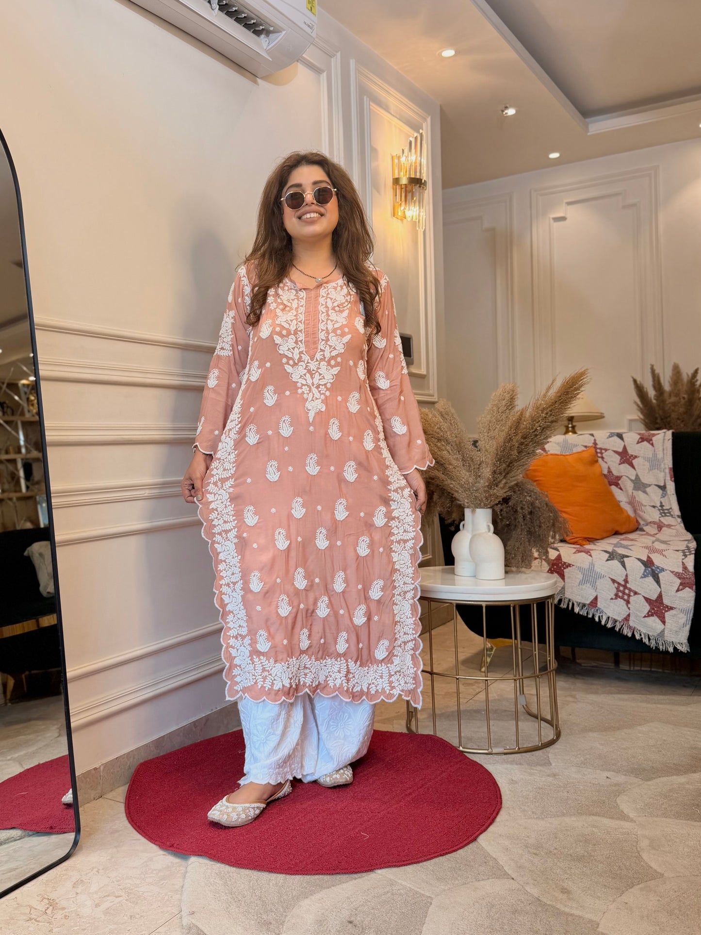 Hand embroidered 6D Chikankari Kurta | Mul Chanderi | Sand