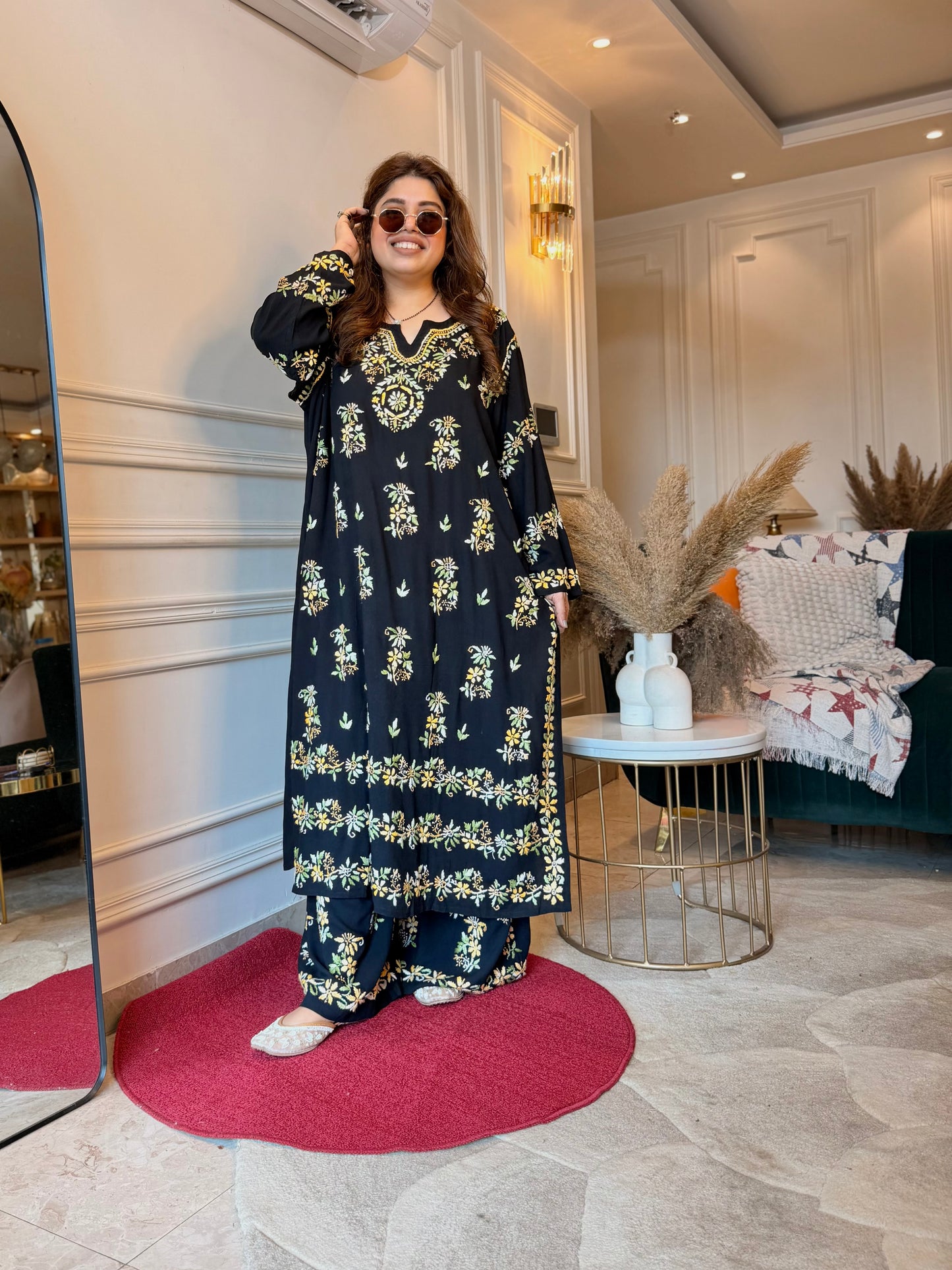 Hand Embroidered Chikankari Kurta set | Modal  | Black with Mustard