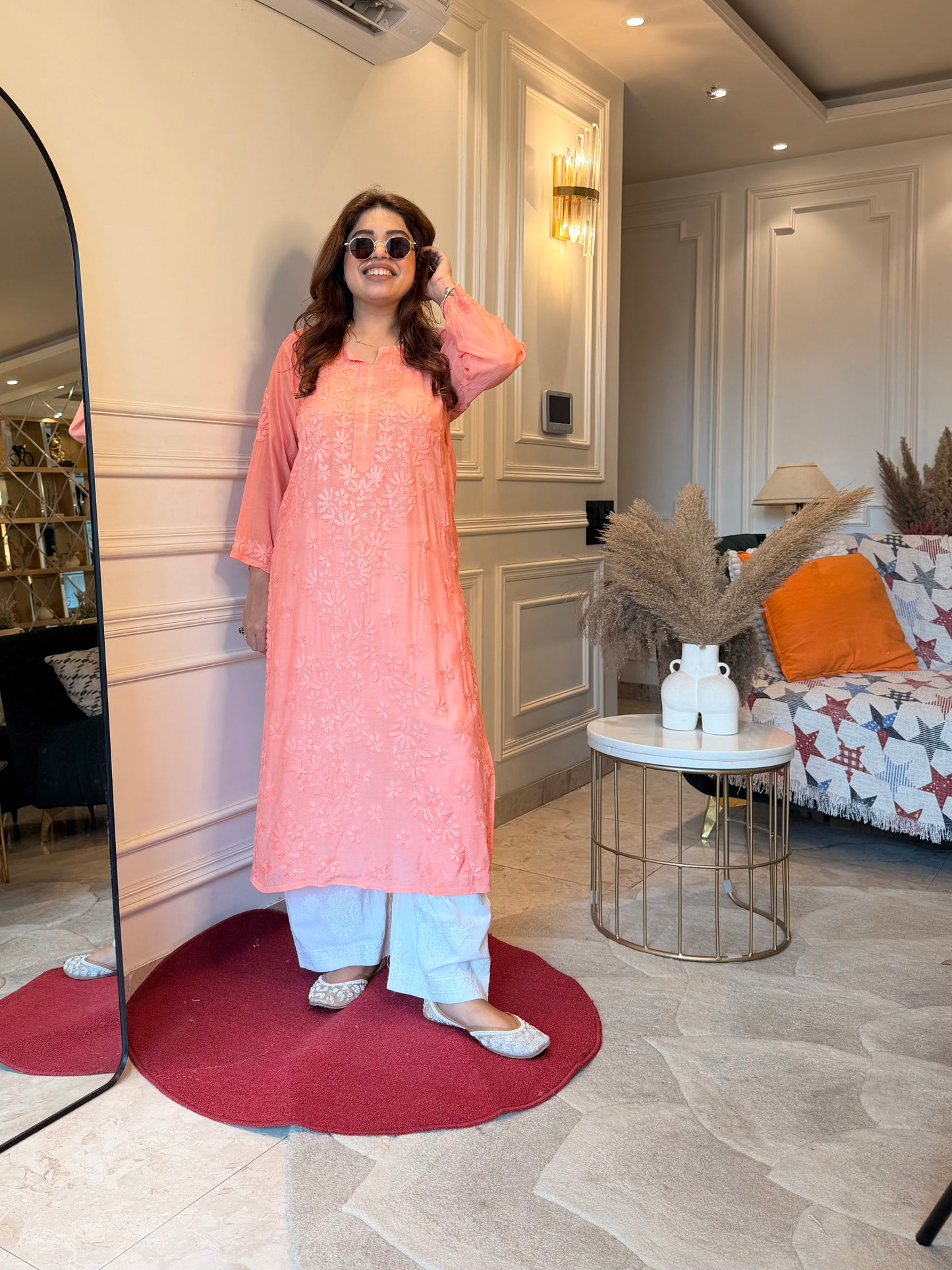 Hand Embroidered Chikankari Kurta set | Mul Chanderi | Rust Orange