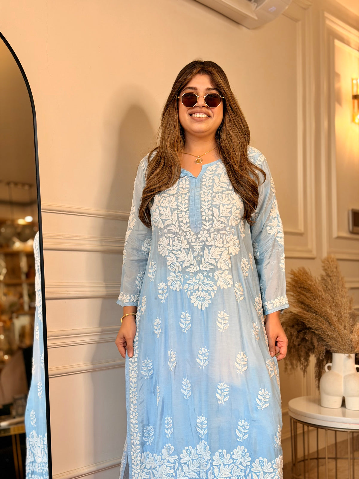 Hand Embroidered 3D Chikankari Kurta | Mul Chanderi | Sky Blue