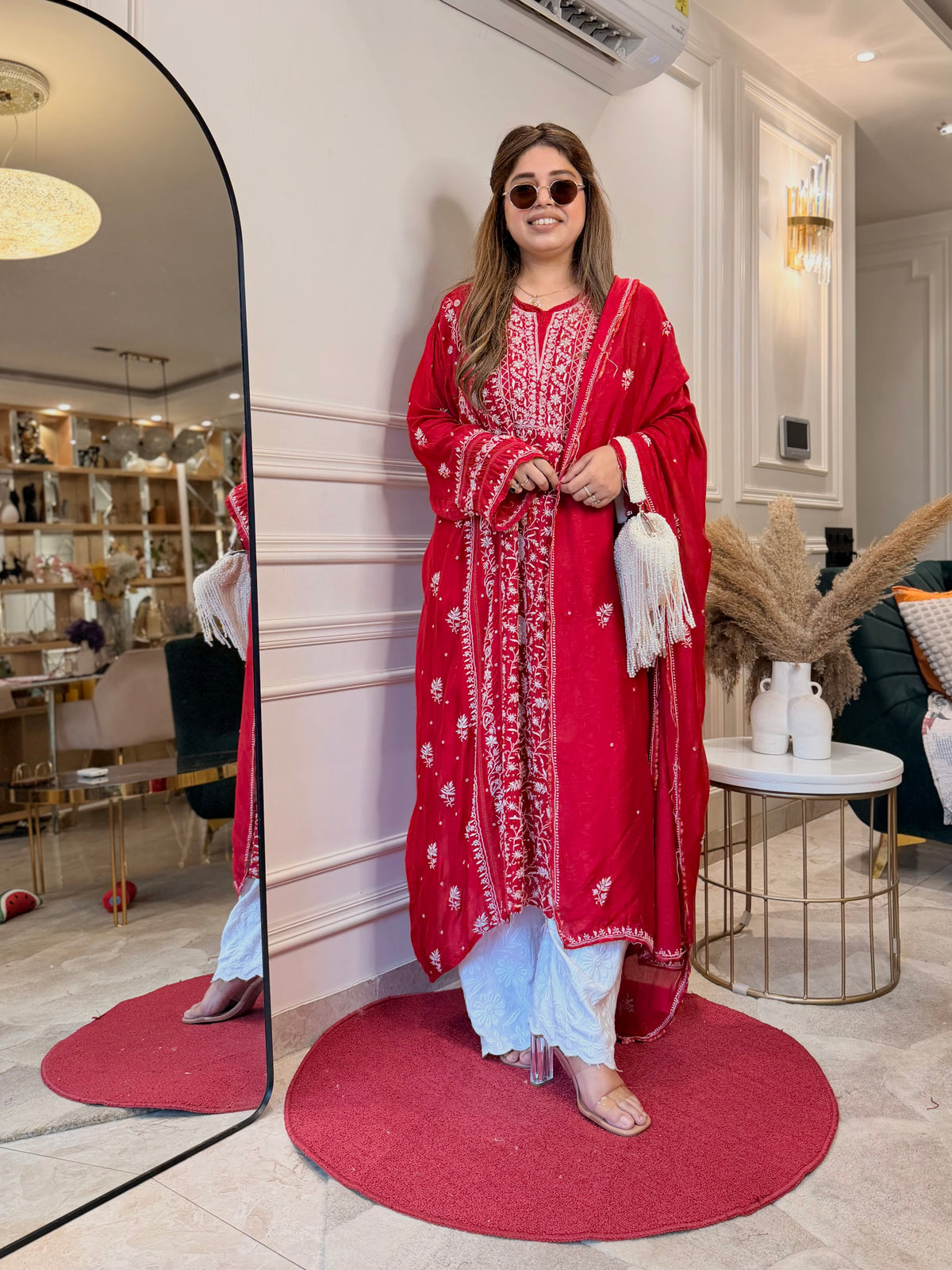 Luxe Hand Embroidered Chikankari Kurta & Duppta | Premium Soft Muslin | Red