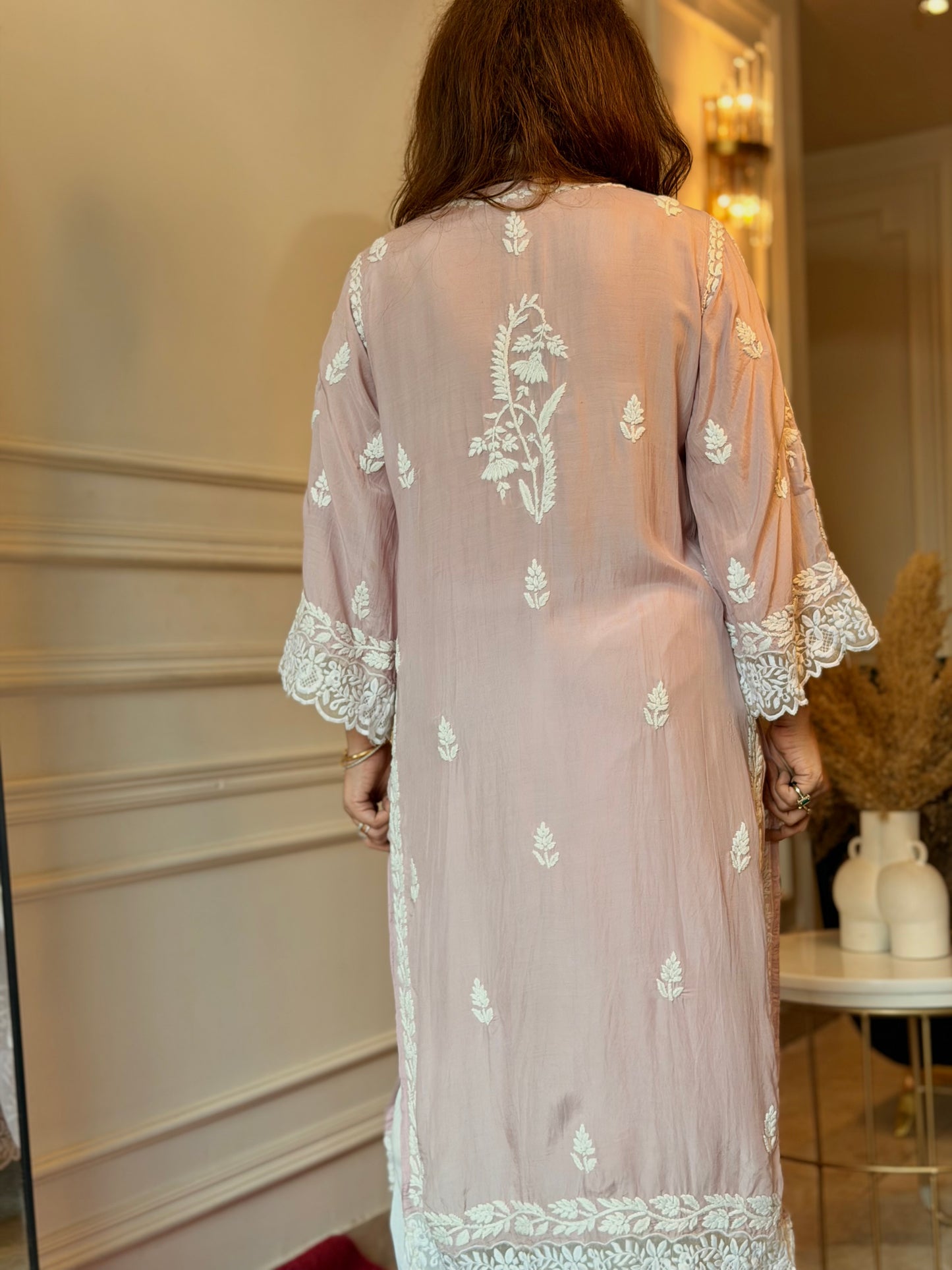 Hand embroidered 6D Chikankari Kurta | Mul Chanderi | Nude Pink