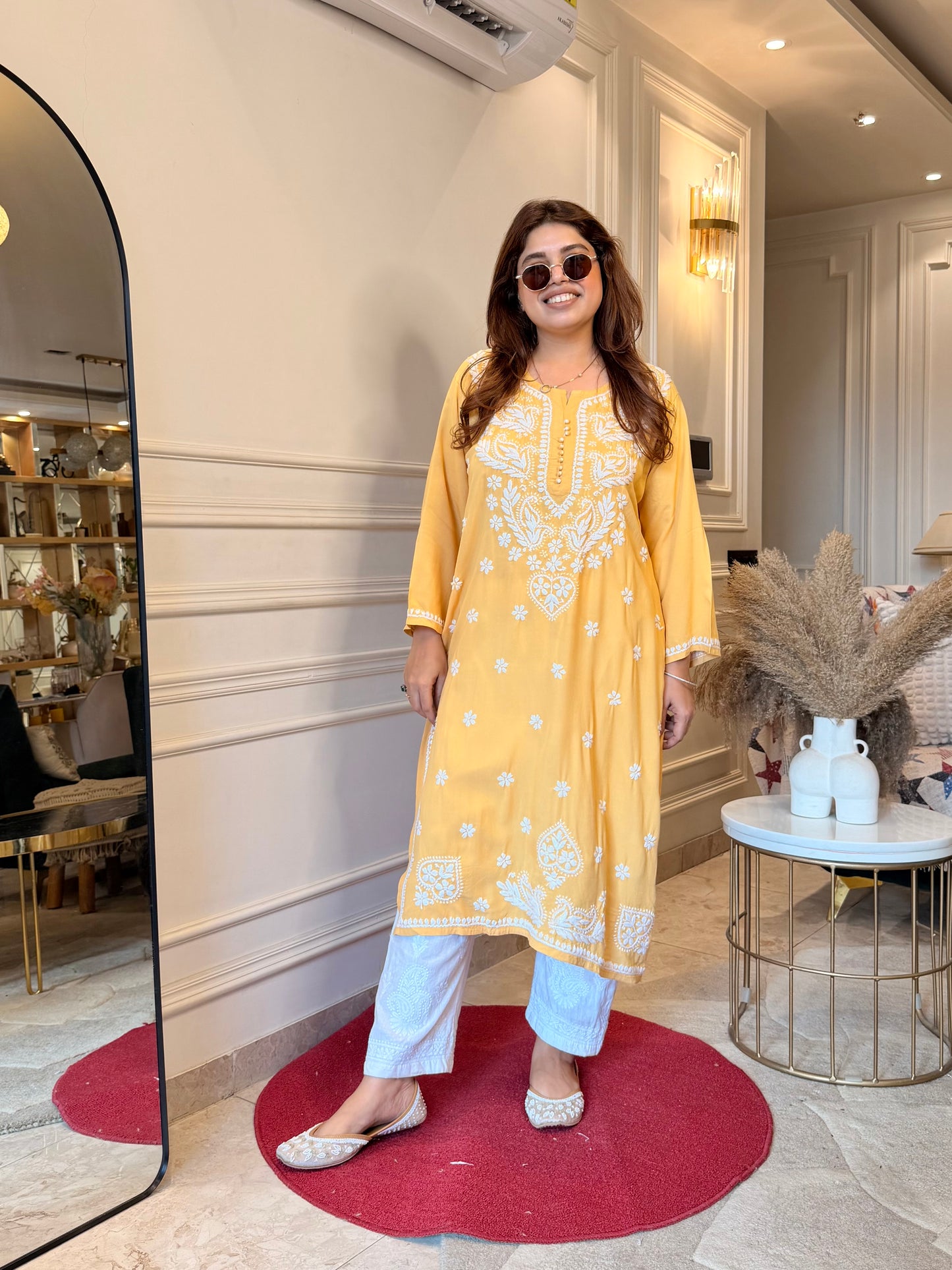 Hand Embroidered Chikankari Kurta | Modal |  Mustard