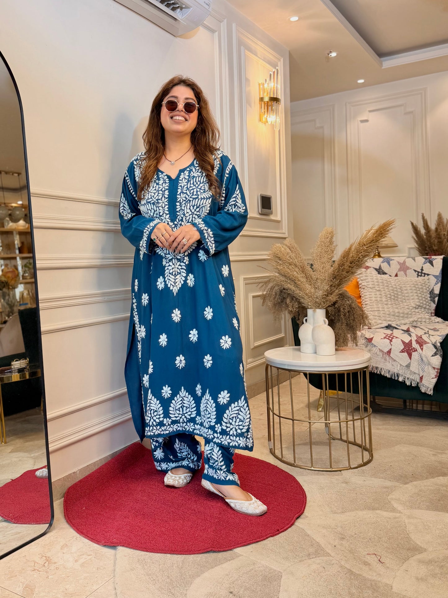 Hand Embroidered Chikankari Kurta set | Modal  | Blue