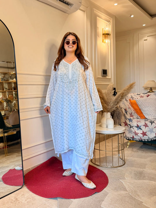 Hand Embroidered Chikankari Kurta  | Mul Chanderi | white with Grey | Plus Size