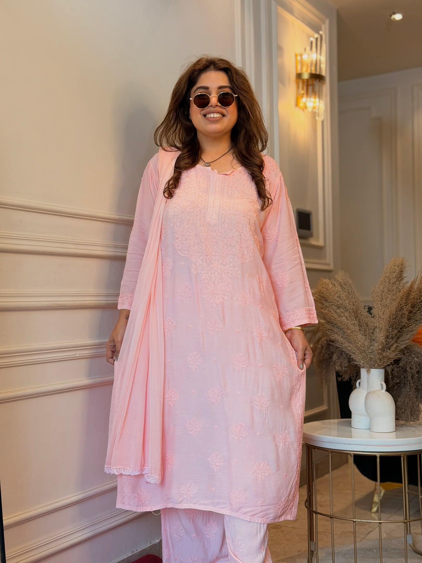 Hand Embroidered Chikankari 3 piece Kurta set | Mul Chanderi | Pink