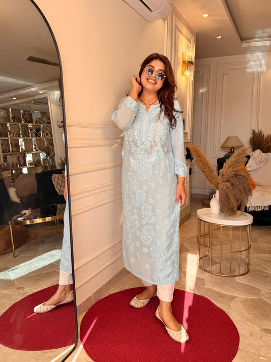 Chikankari Kurta set | Mul Chanderi | Sky Blue