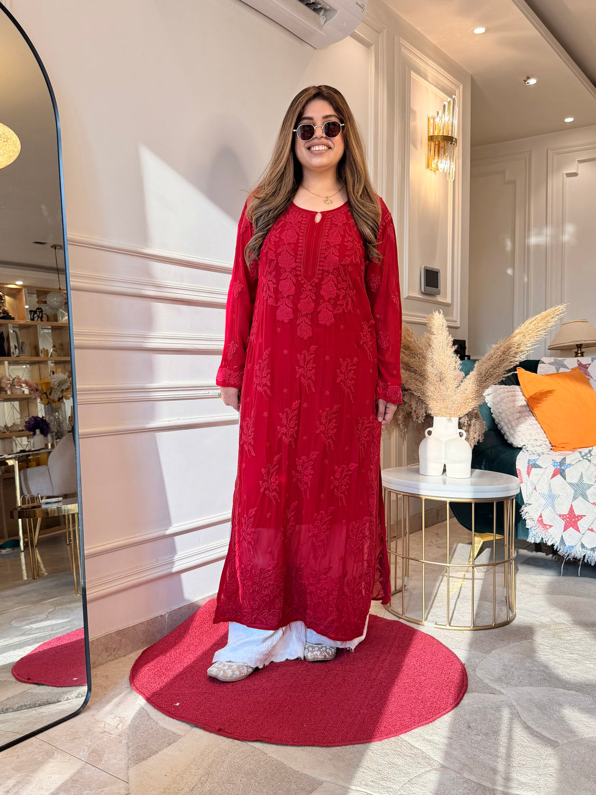 Hand Embroidered 3DChikankari Kurta  | Viscose | Cherry Red