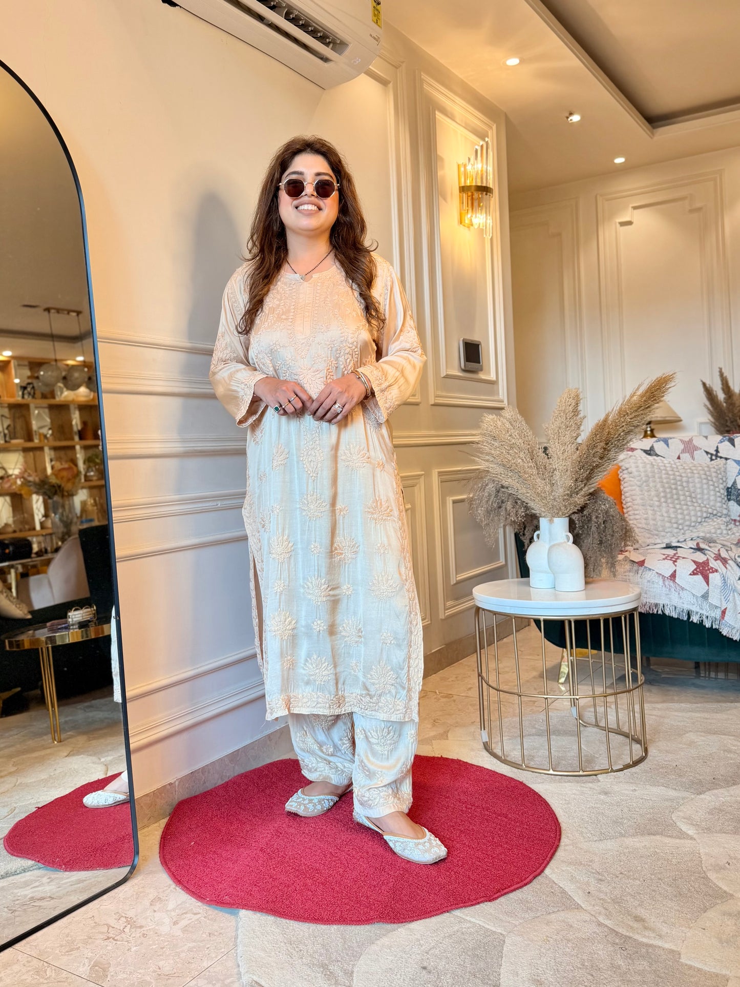 Hand Embroidered Chikankari Kurta set | Modal Satin Silk | Ivory
