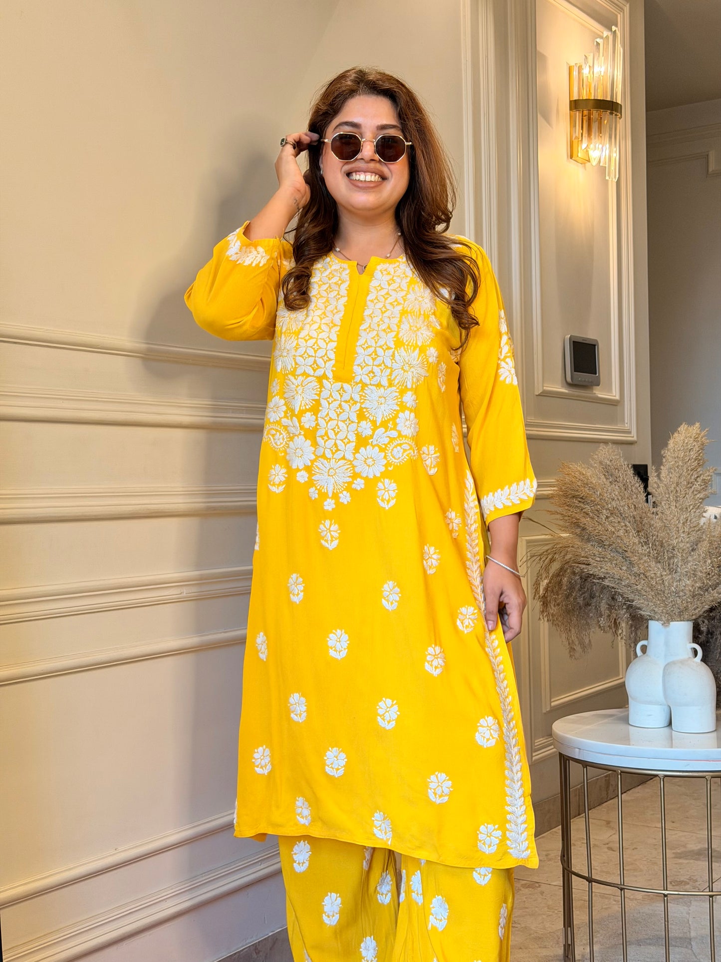 Hand Embroidered Chikankari Kurta set | Modal | Bright Yellow
