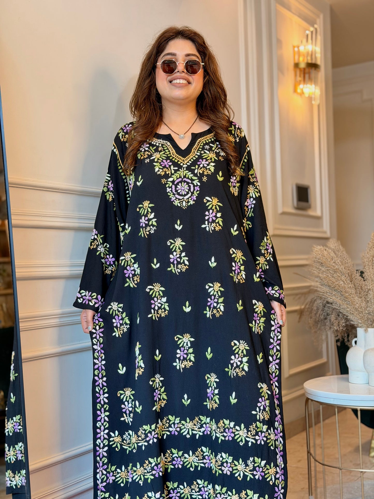 Hand Embroidered Chikankari Kurta set | Modal  | Black with Purple