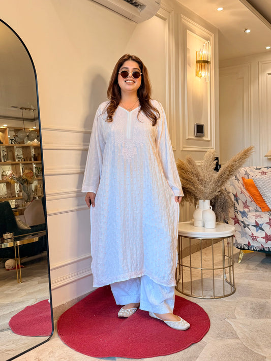 Hand Embroidered Chikankari Kurta  | Mul Chanderi | white with Pink| Plus Size