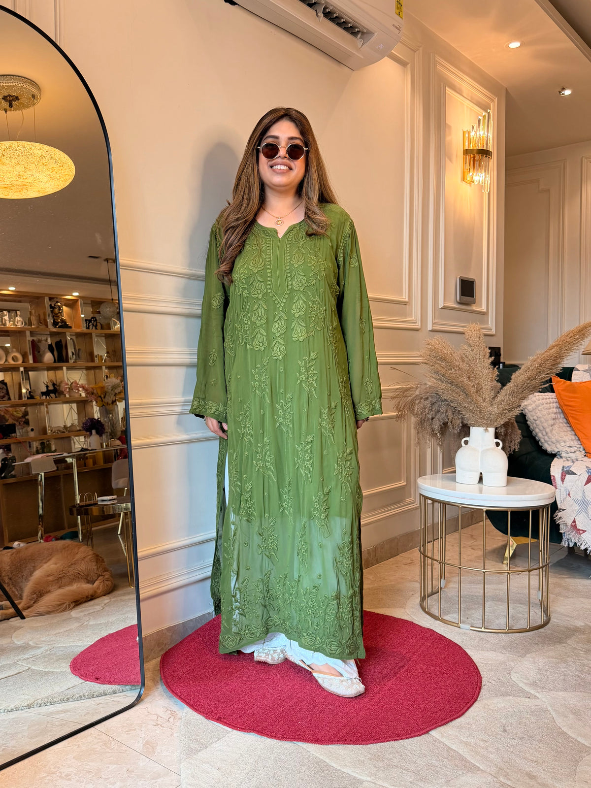 Hand Embroidered 3DChikankari Kurta  | Viscose | Green