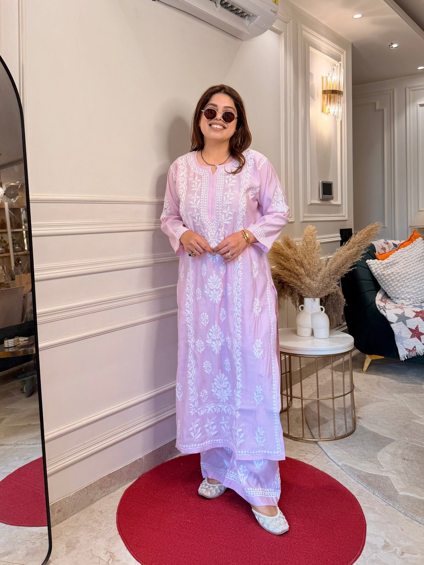 Hand Embroidered Chikankari Kurta Set - Baby Pink