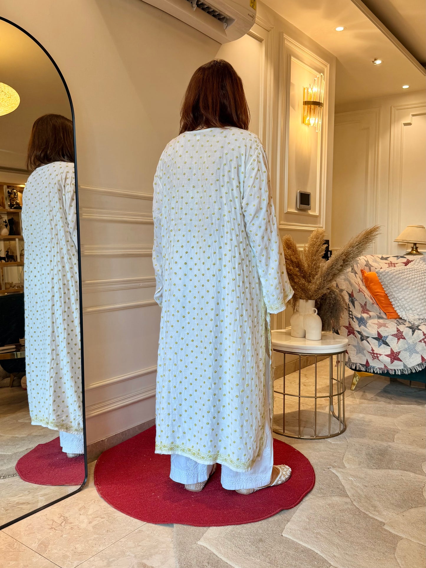 Hand Embroidered Chikankari Kurta  | Mul Chanderi | white with Olive Green| Plus Size