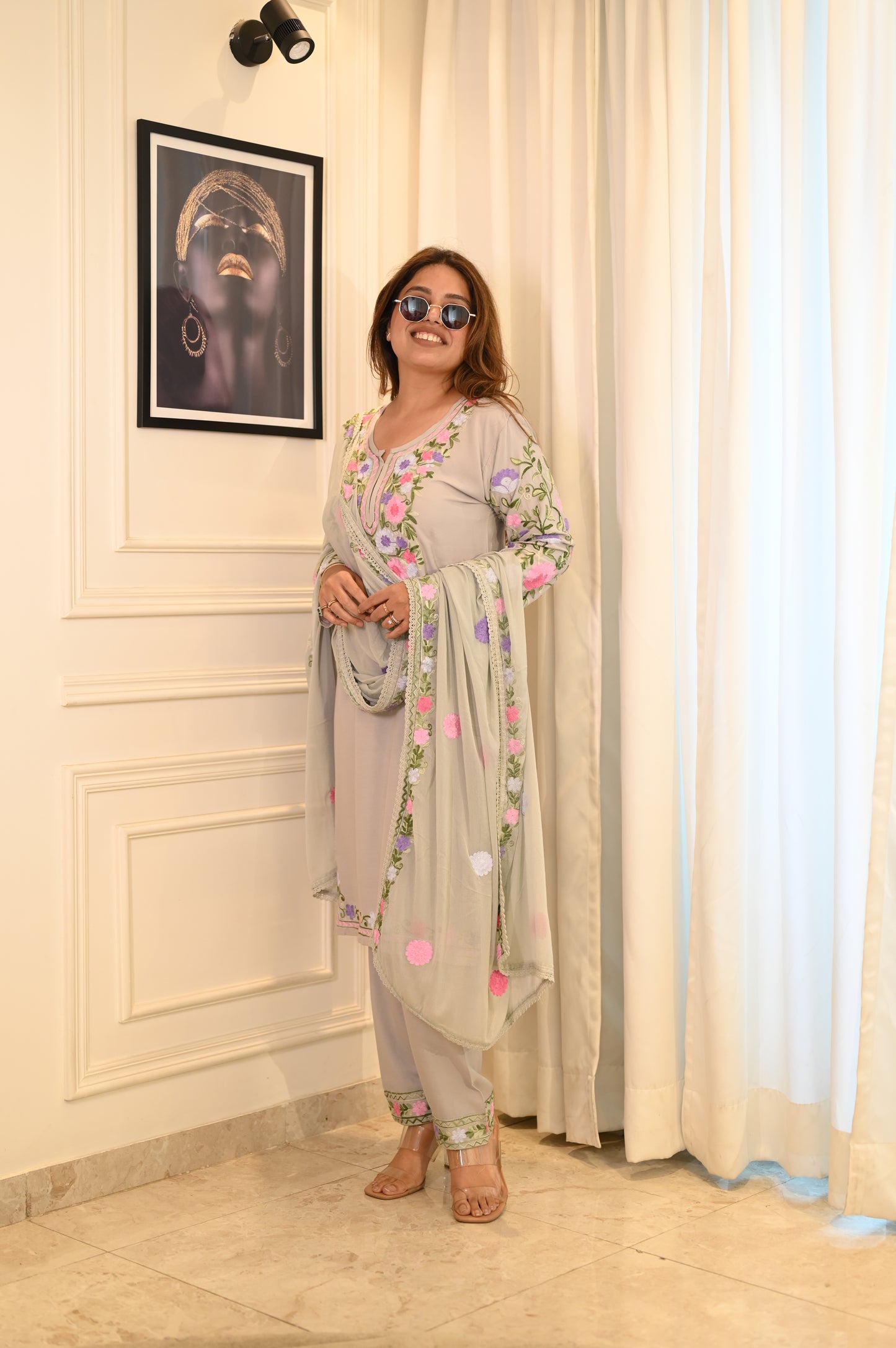 Chic Grey Floral Embroidered Suit Set – Subtle Elegance with a Touch of Tradition