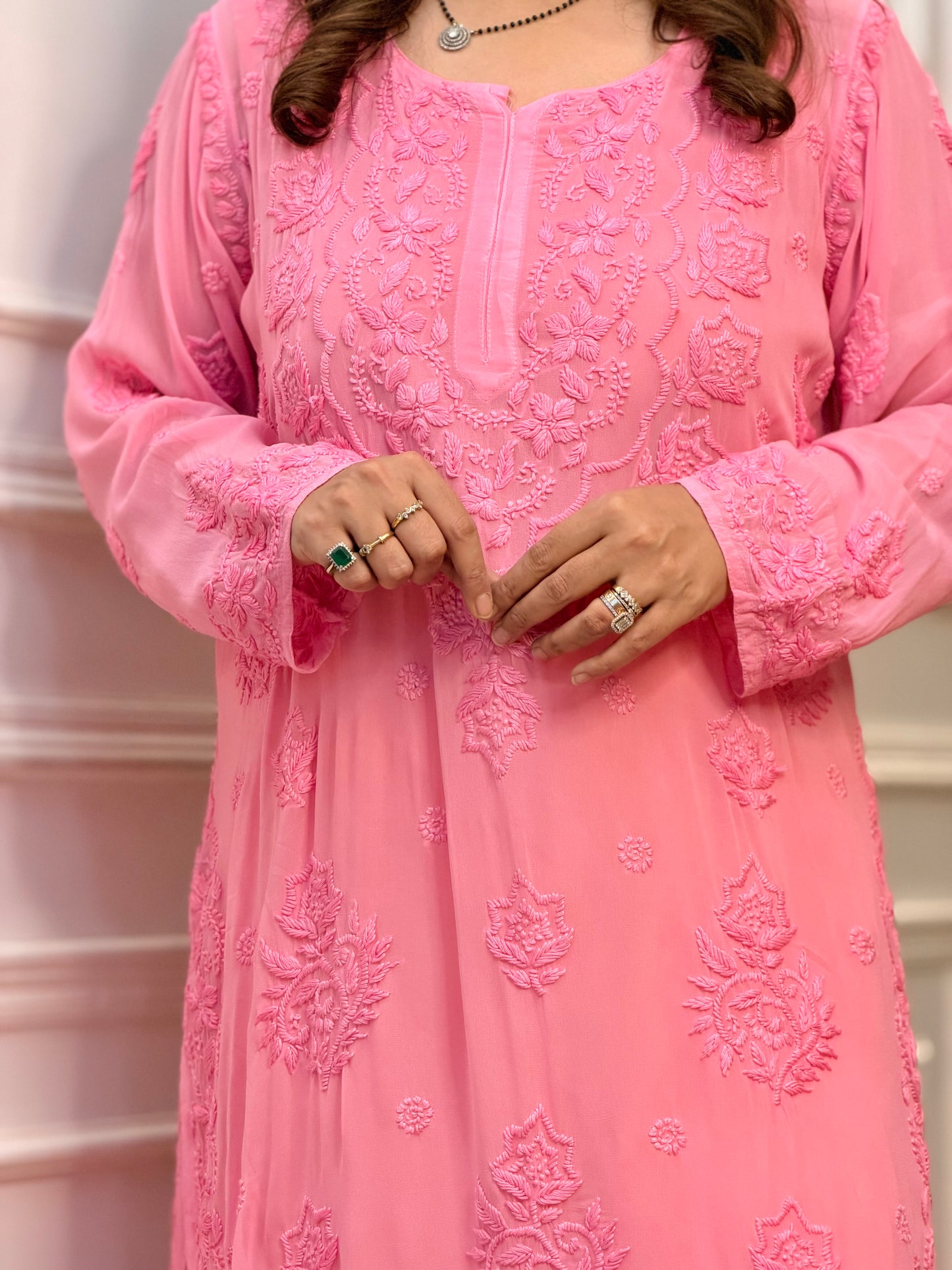 Hand Embroidered 6D Chikankari Kurta  | Premium Viscose | Pink
