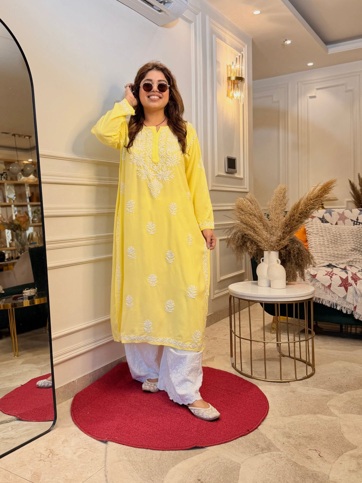 Hand Embroidered Chikankari Kurta | Modal | Yellow