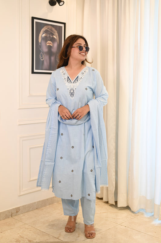 Elegant Sky Blue Cotton Suit Set