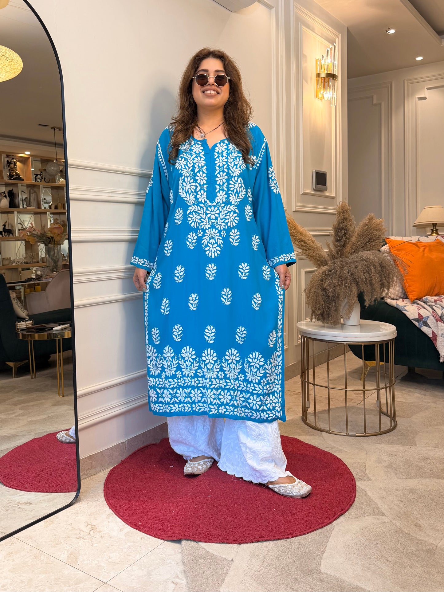 Hand Embroidered Chikankari Kurta | Premium Modal  | Turquoise Blue